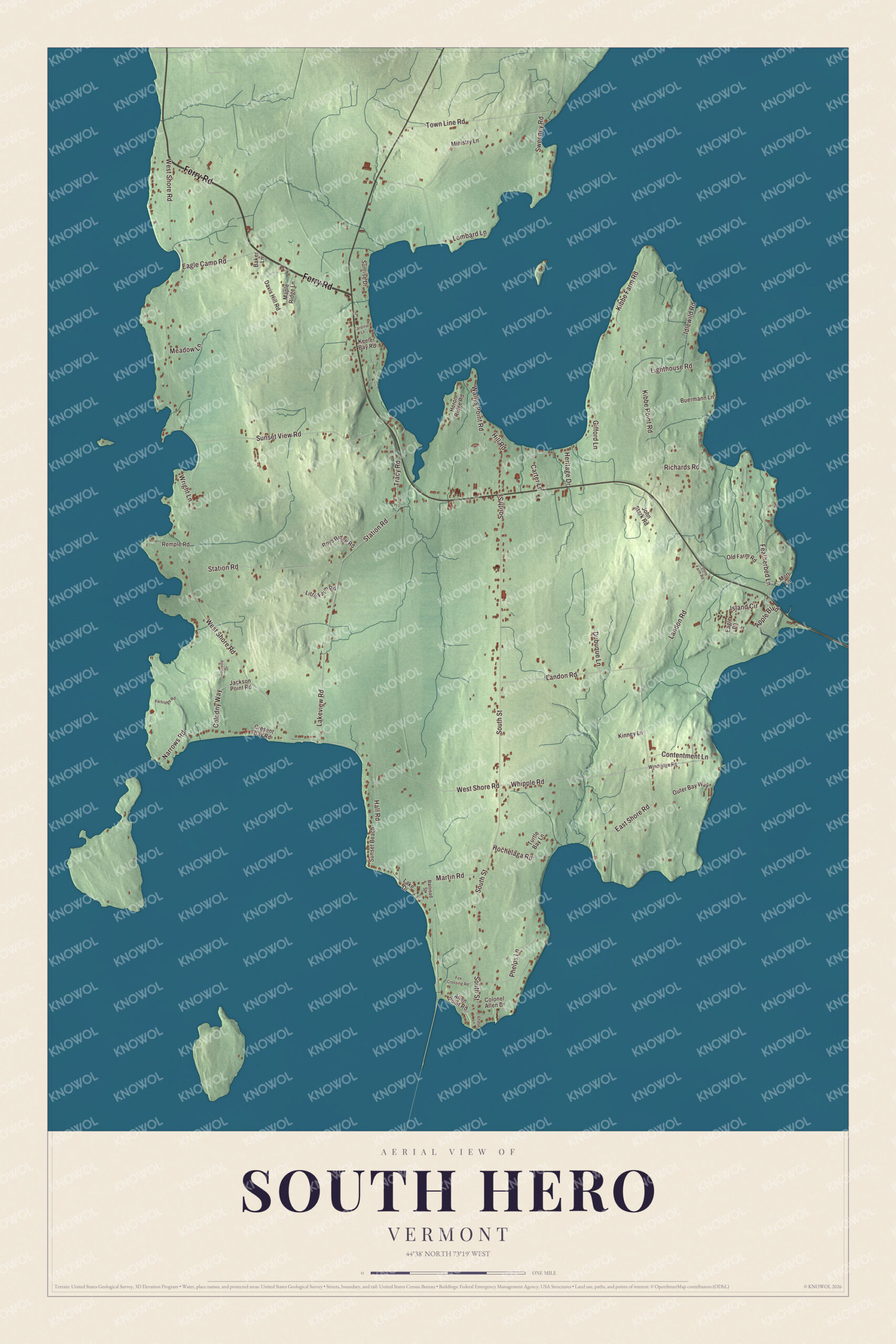 Map of South Hero, Vermont, on Lake Champlain