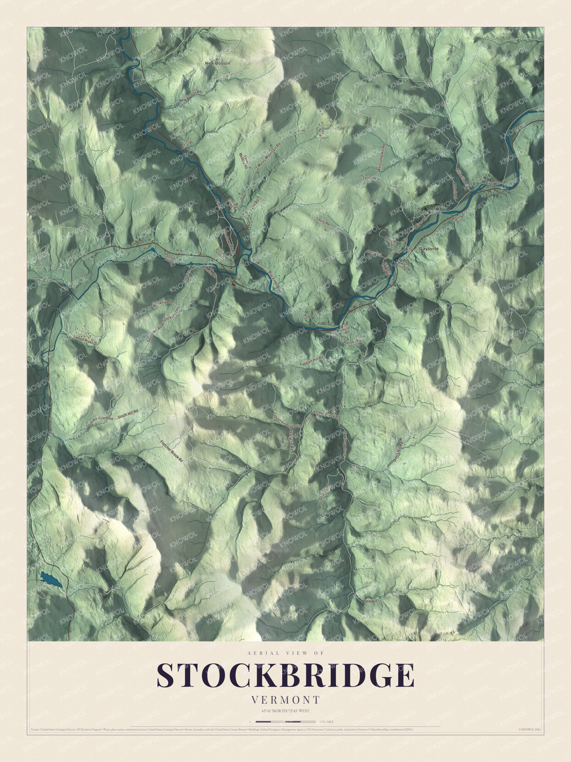Map of Stockbridge, Vermont, along the White River at Gaysville