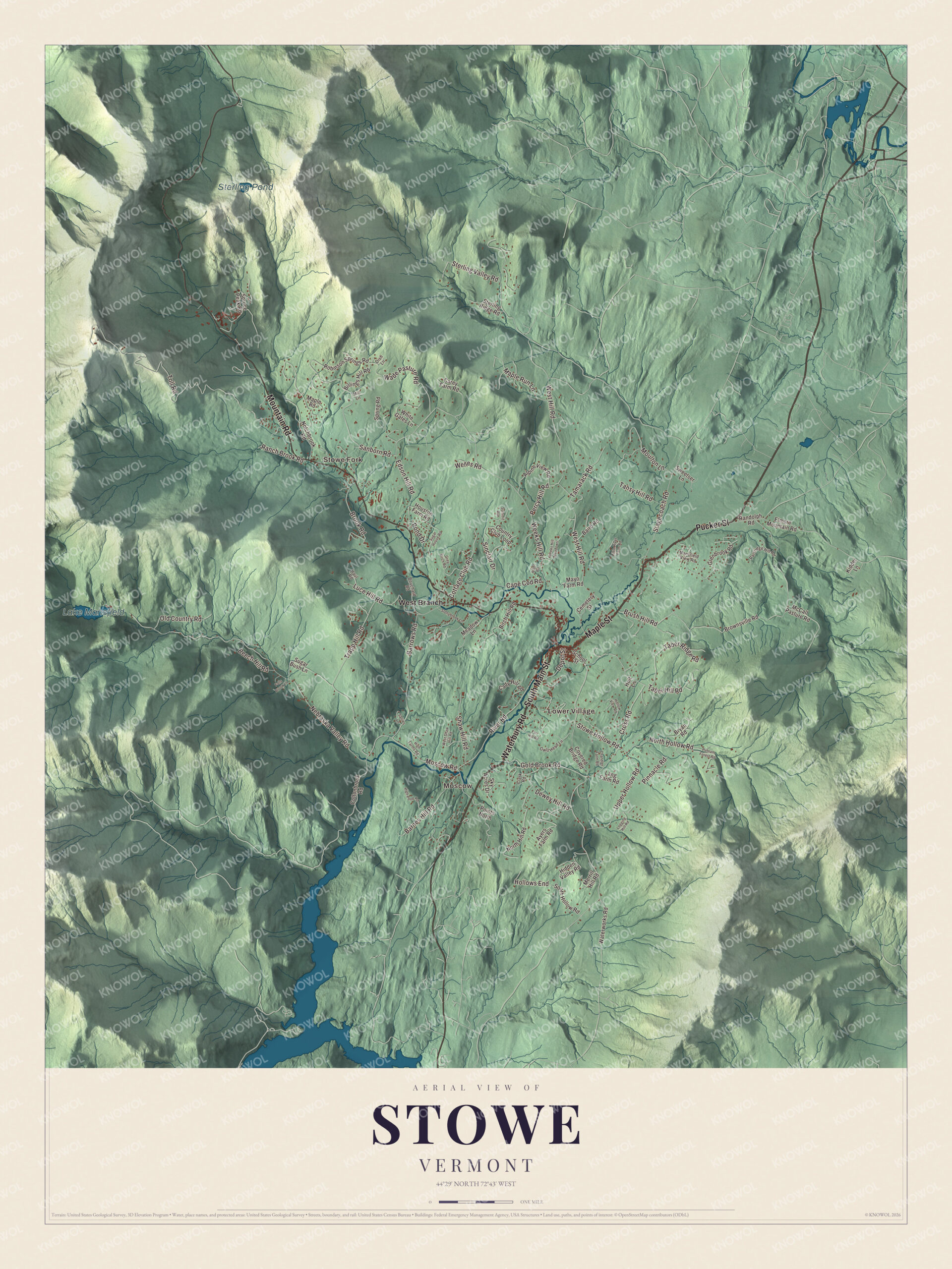 Map of Stowe, Vermont, from Moscow and the village to Mountain Road