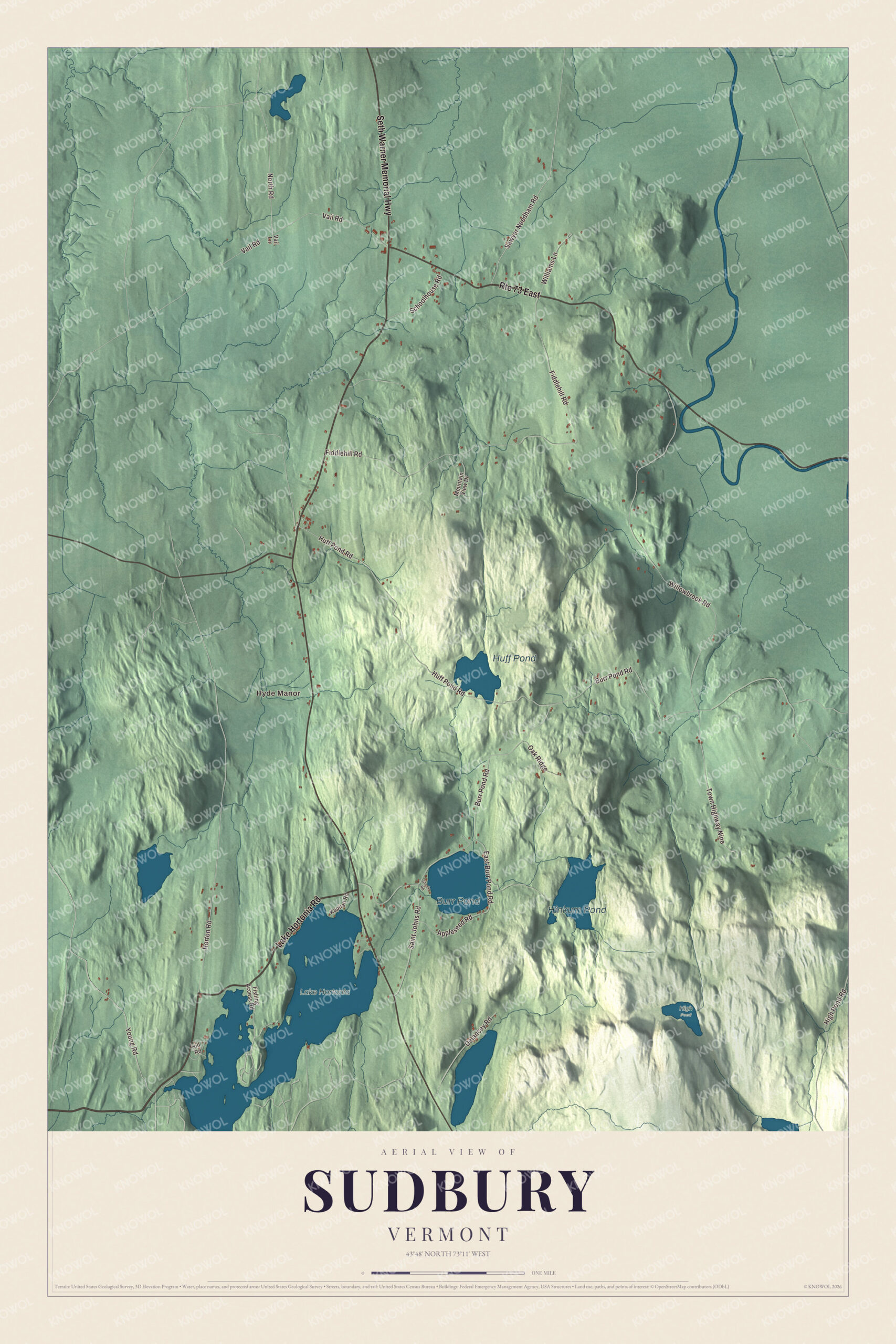 Map of Sudbury, Vermont, between Burr Pond and Lake Hortonia
