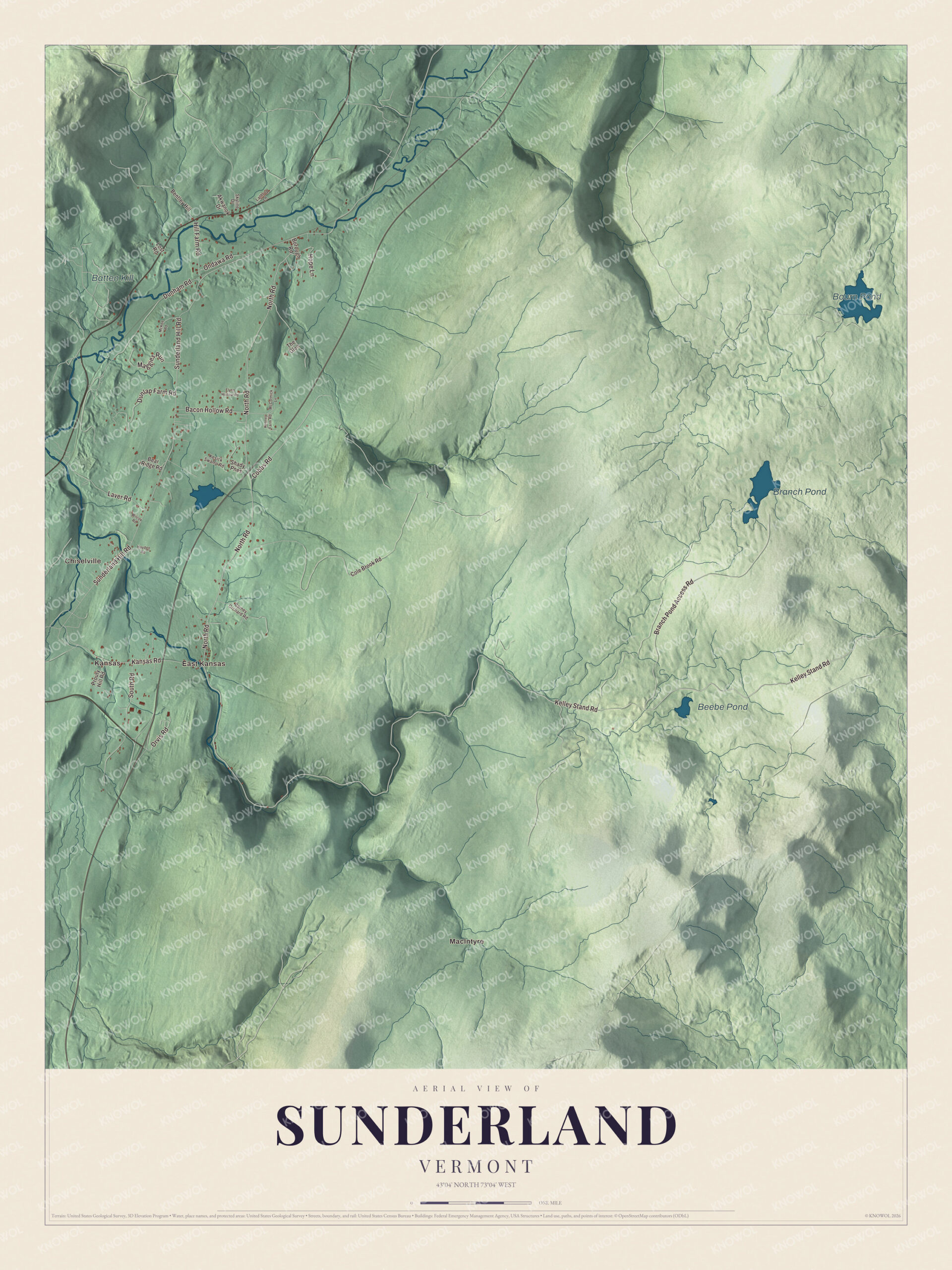 Map of Sunderland, Vermont, from Chiselville to Branch Pond