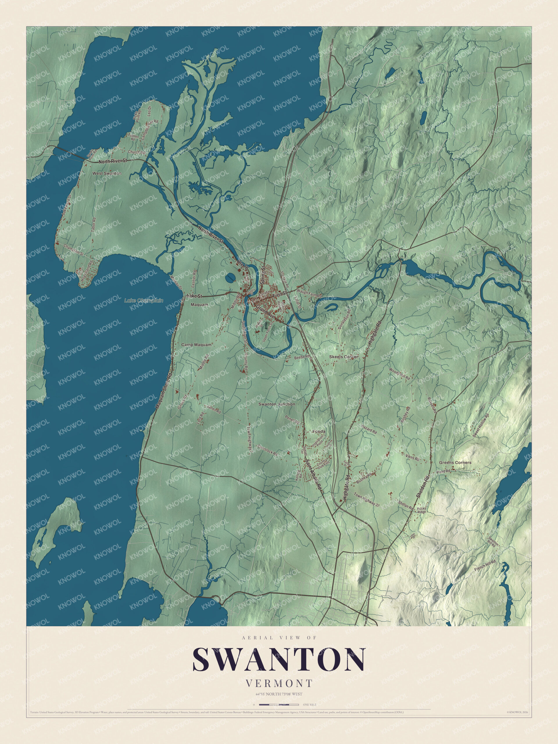 Map of Swanton, Vermont, from the Missisquoi River to Lake Champlain
