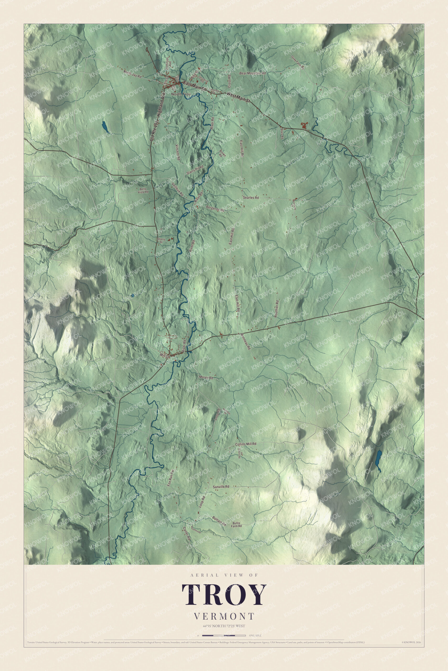Map of Troy, Vermont, from North Troy to River Road and Bear Mountain Road