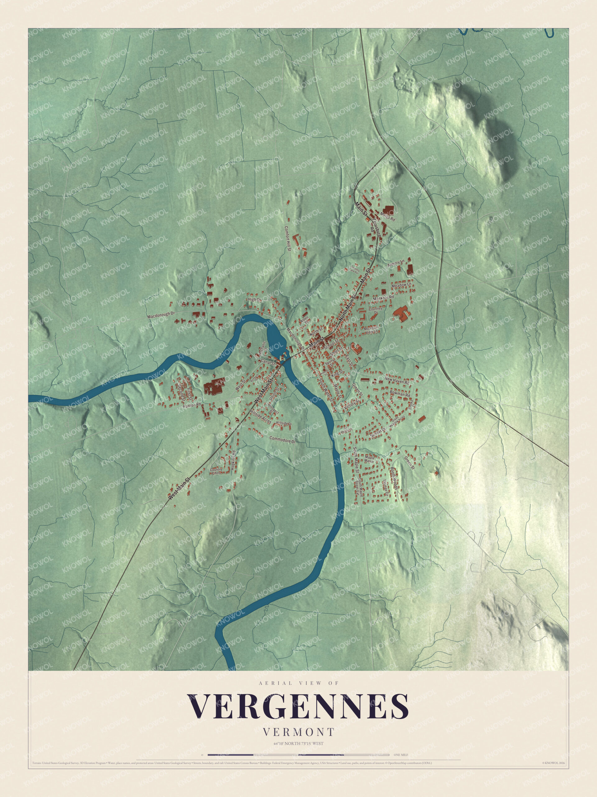 Map of Vergennes, Vermont, from Main Street to South Maple Street and Armory Lane