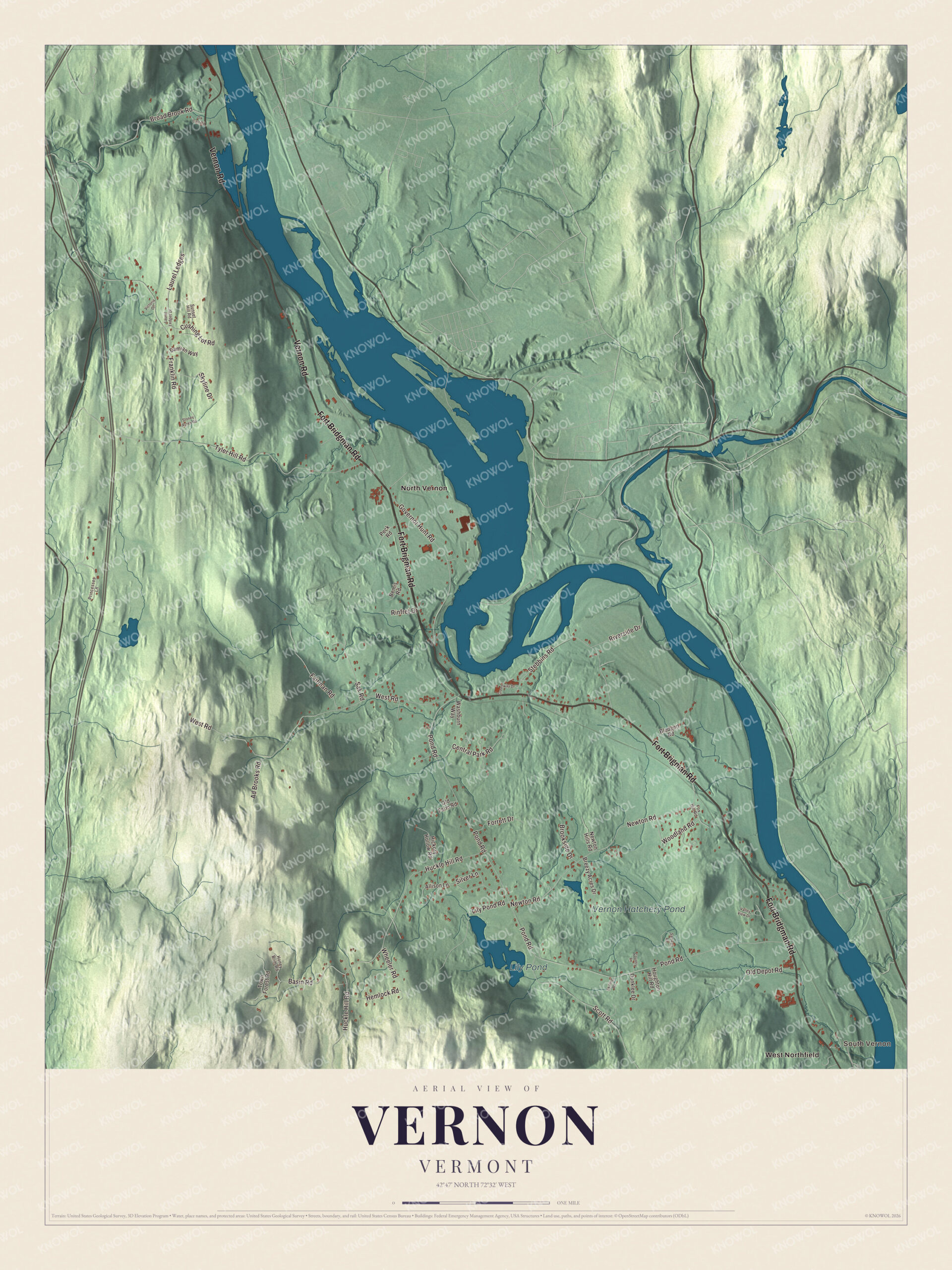 Map of Vernon, Vermont, along the Connecticut River, with its villages and ponds