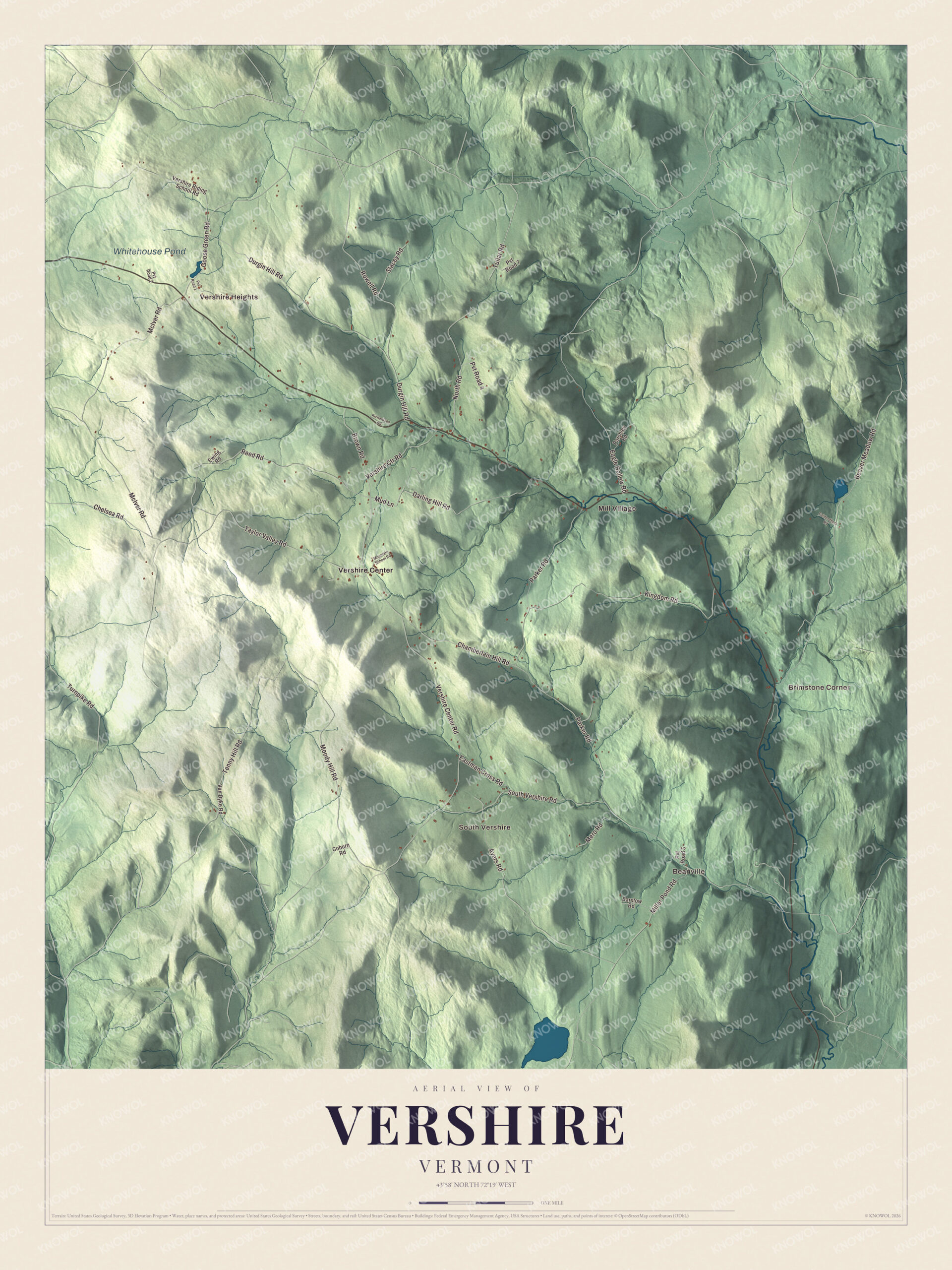 Map of Vershire, Vermont, with Beanville, Brimstone Corner and Whitehouse Pond