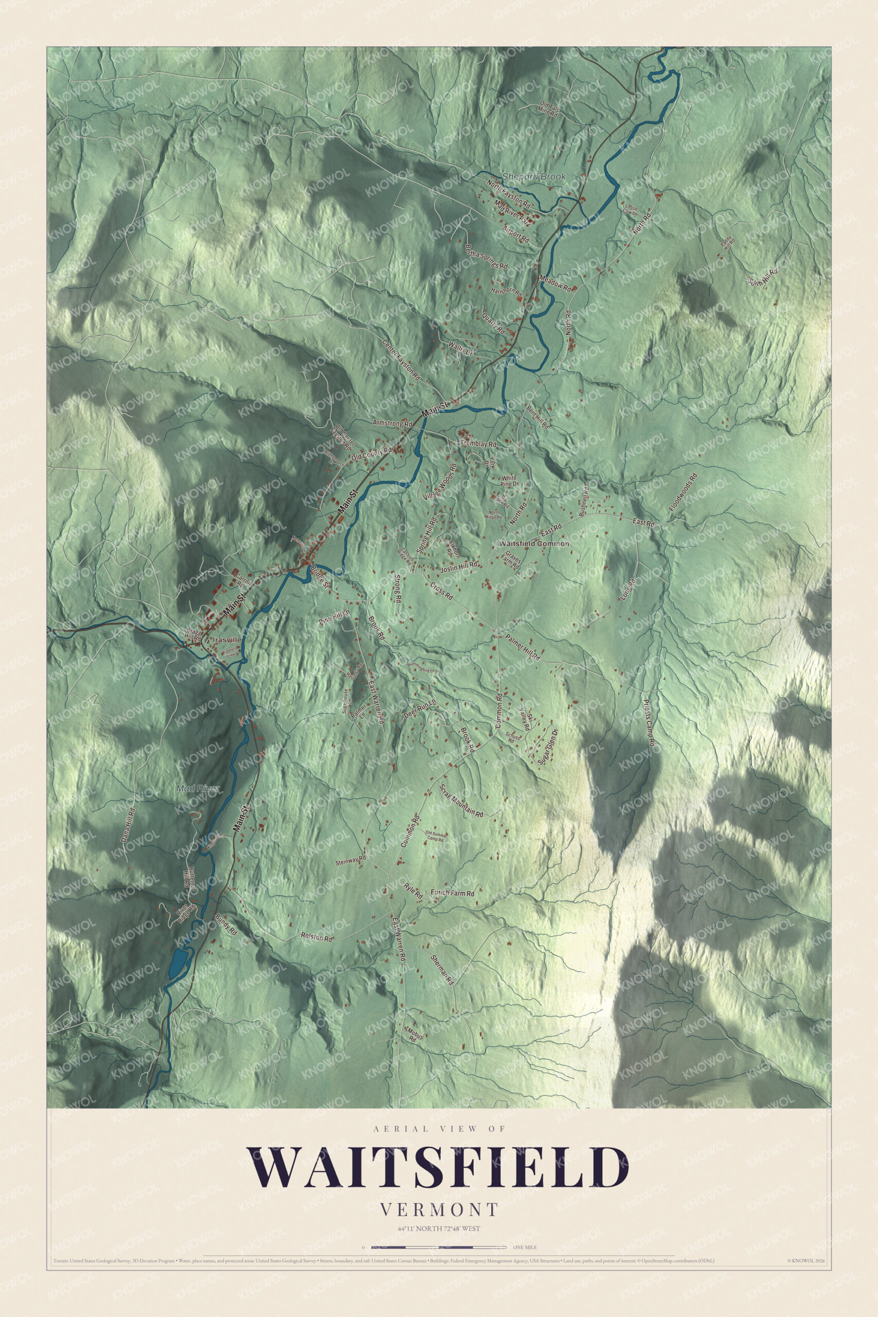 Map of Waitsfield, Vermont, with Irasville, Waitsfield Common and the Mad River