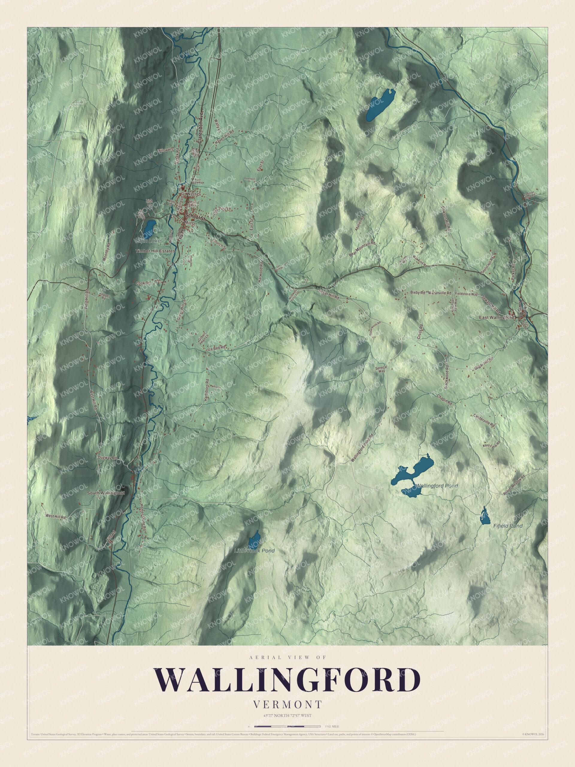 Map of Wallingford, Vermont, with East and South Wallingford, Elfin Lake and Little Rock Pond