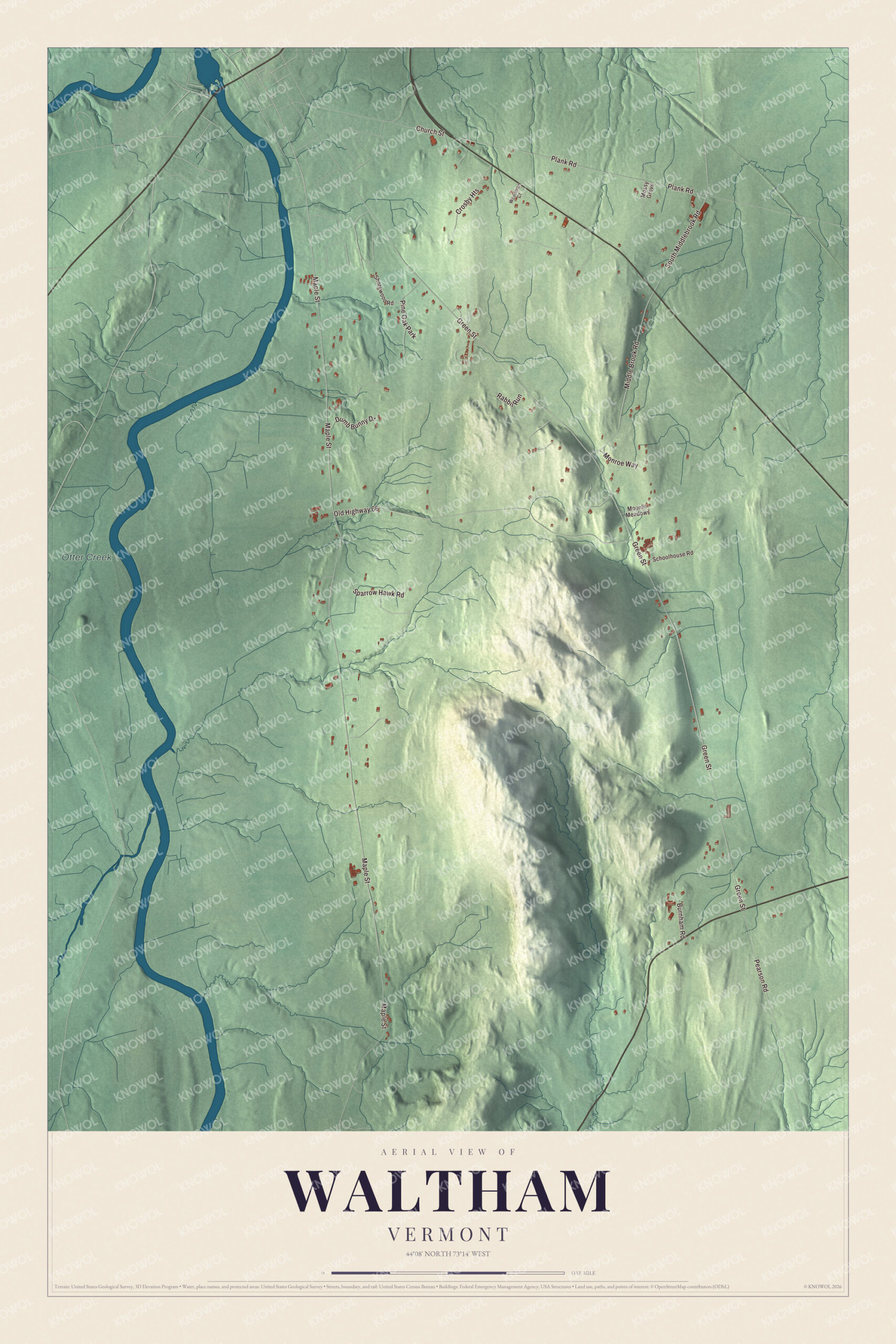 Map of Waltham, Vermont, with Otter Creek, Plank Road and Middle Brook Road
