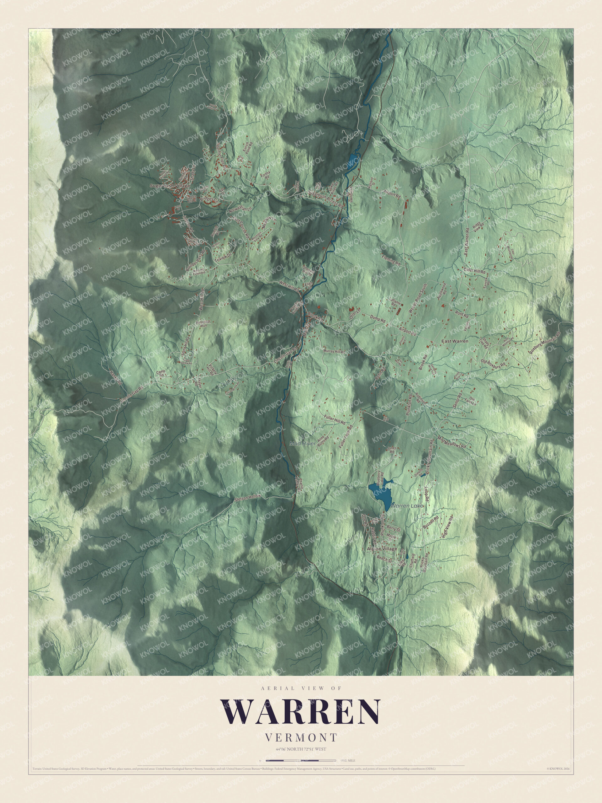 Map of Warren, Vermont, from Sugarbush Village and Alpine Village to East Warren