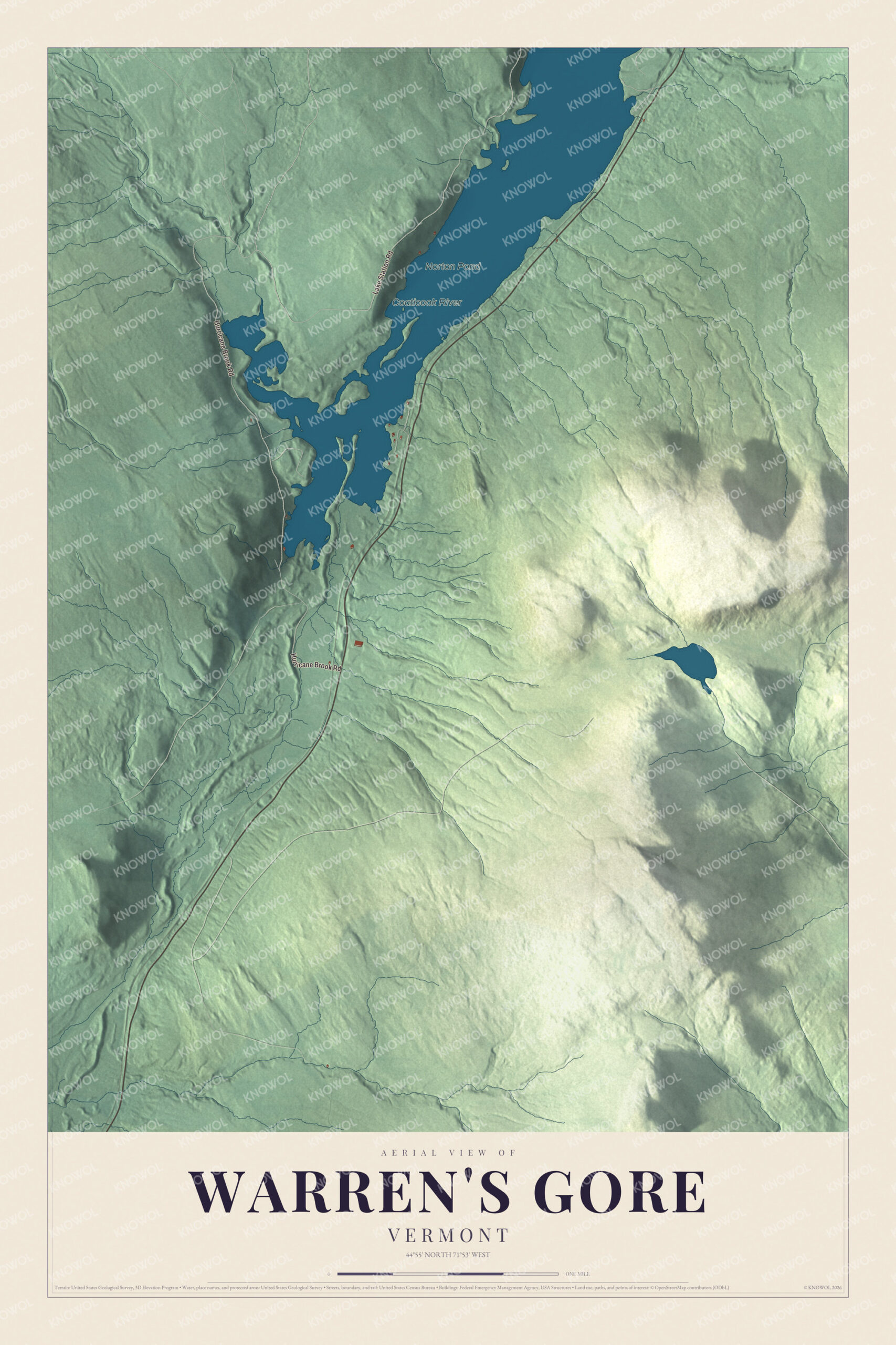 Map of Warren's Gore, Vermont, with Norton Pond and the Coaticook River