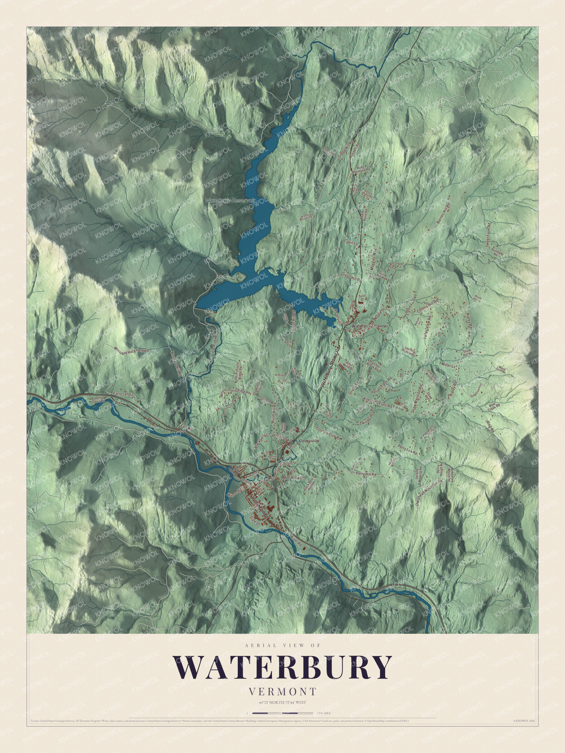 Watermarked full-map preview of Waterbury, Vermont