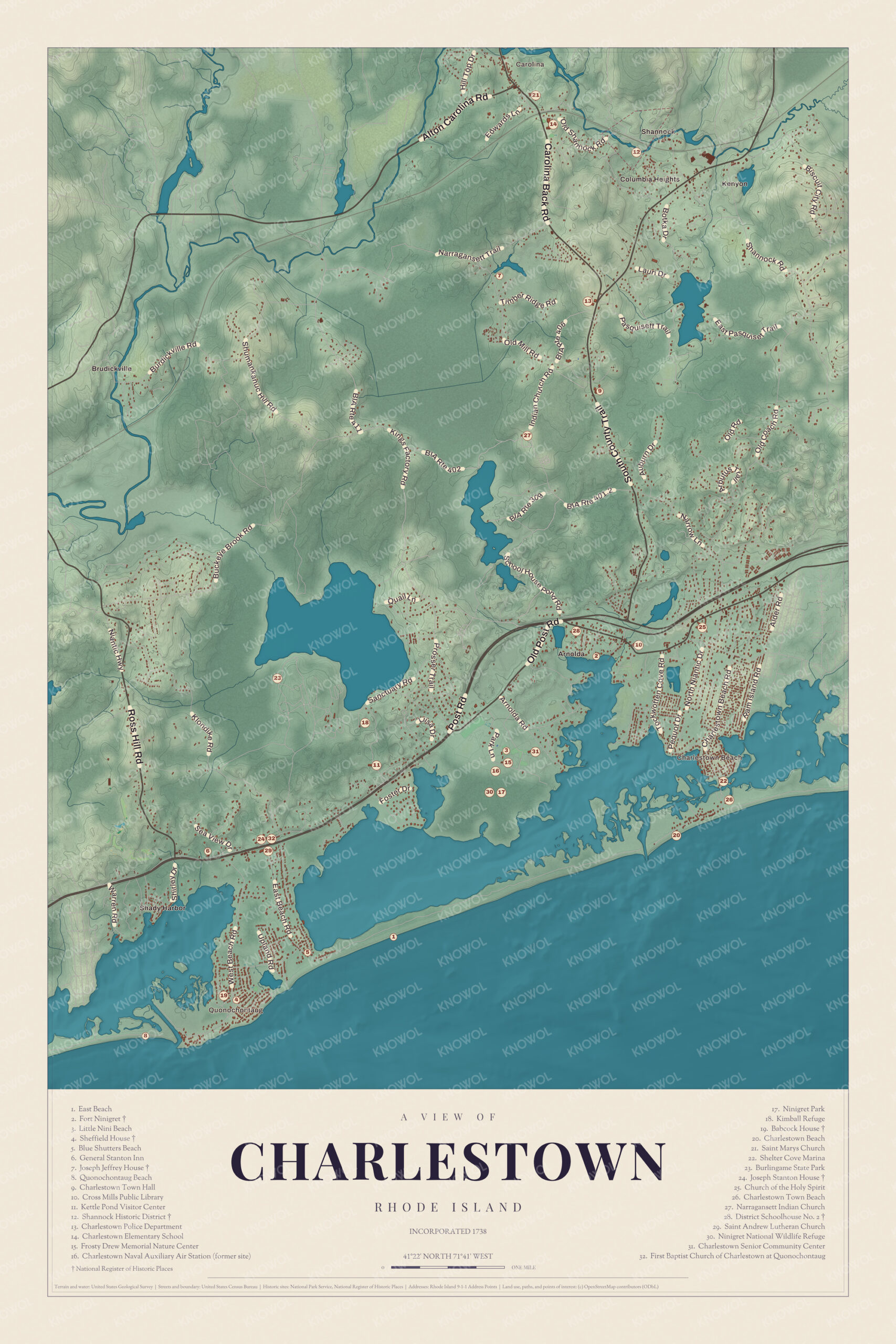 Map of Charlestown, Rhode Island, with Fort Ninigret, Quonochontaug and the Sheffield House