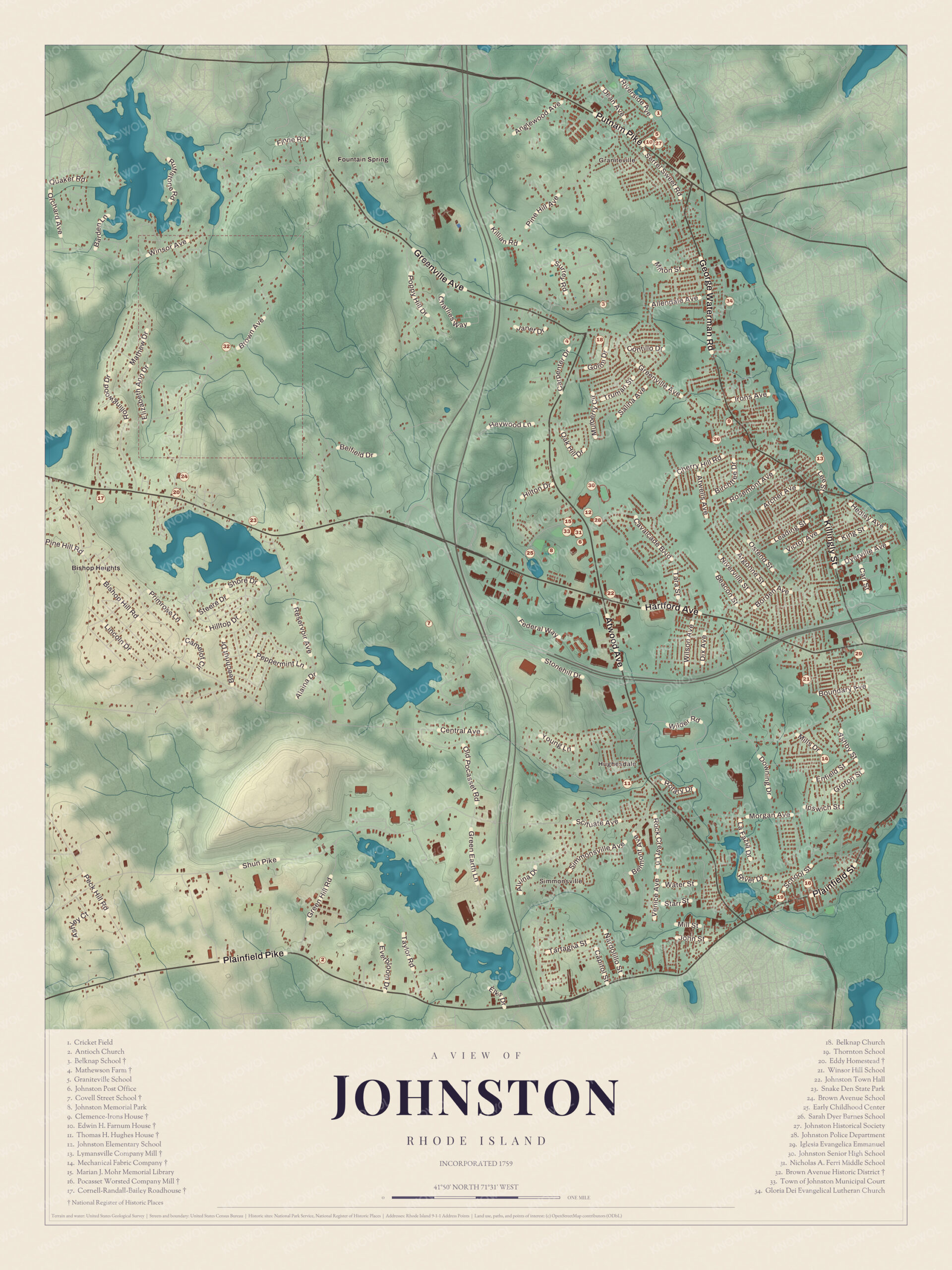 Map of Johnston, Rhode Island, with Belknap School, Mathewson Farm and Snake Den State Park
