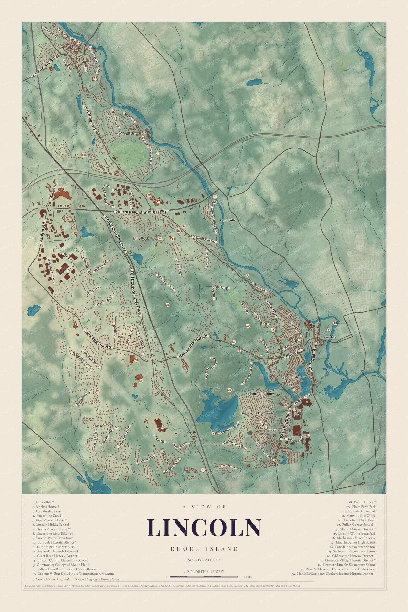 Map of Lincoln, Rhode Island, with Lincoln Woods State Park, Great Road and the Blackstone River villages