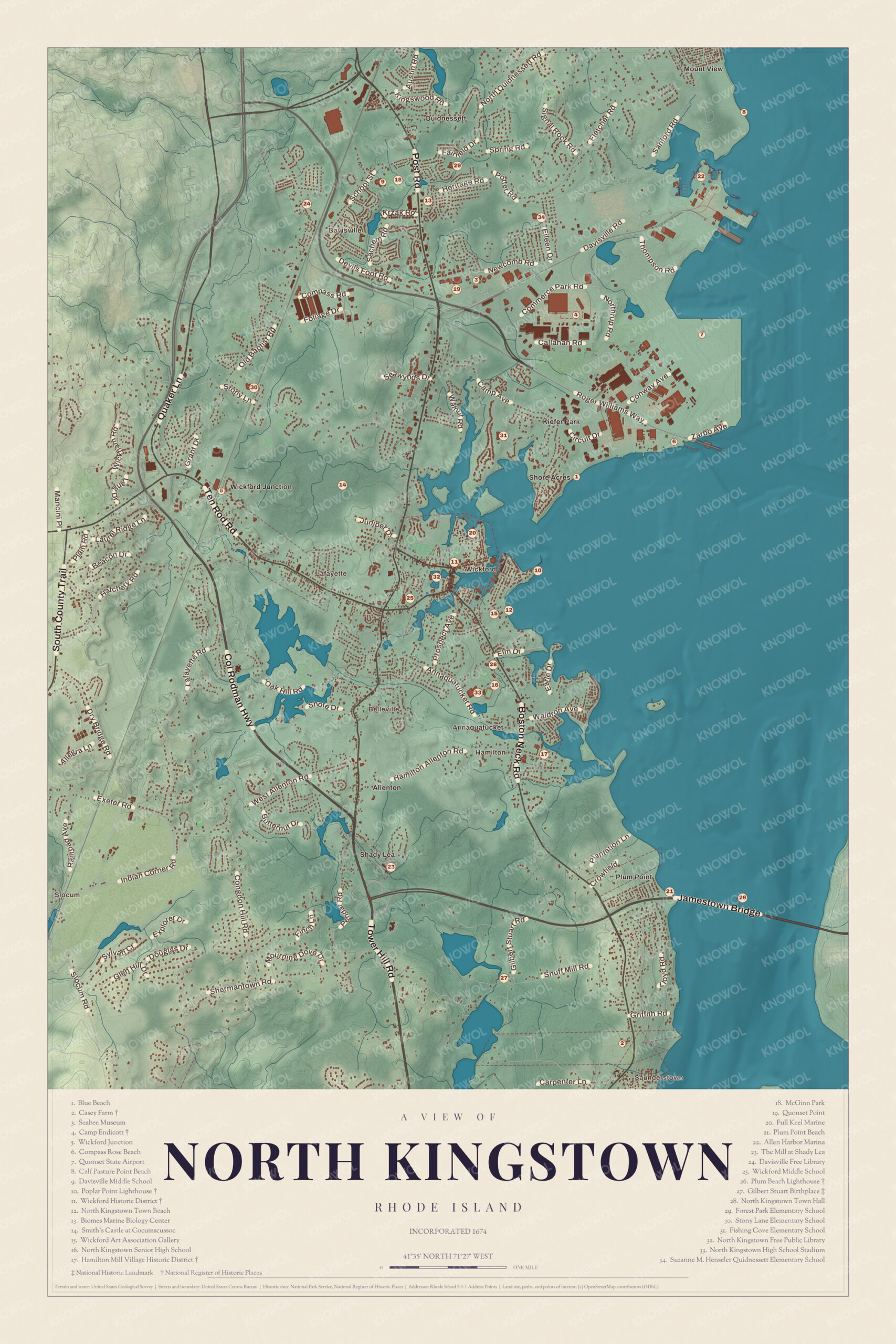 Map of North Kingstown, Rhode Island, with Wickford, Davisville and Quonset Point