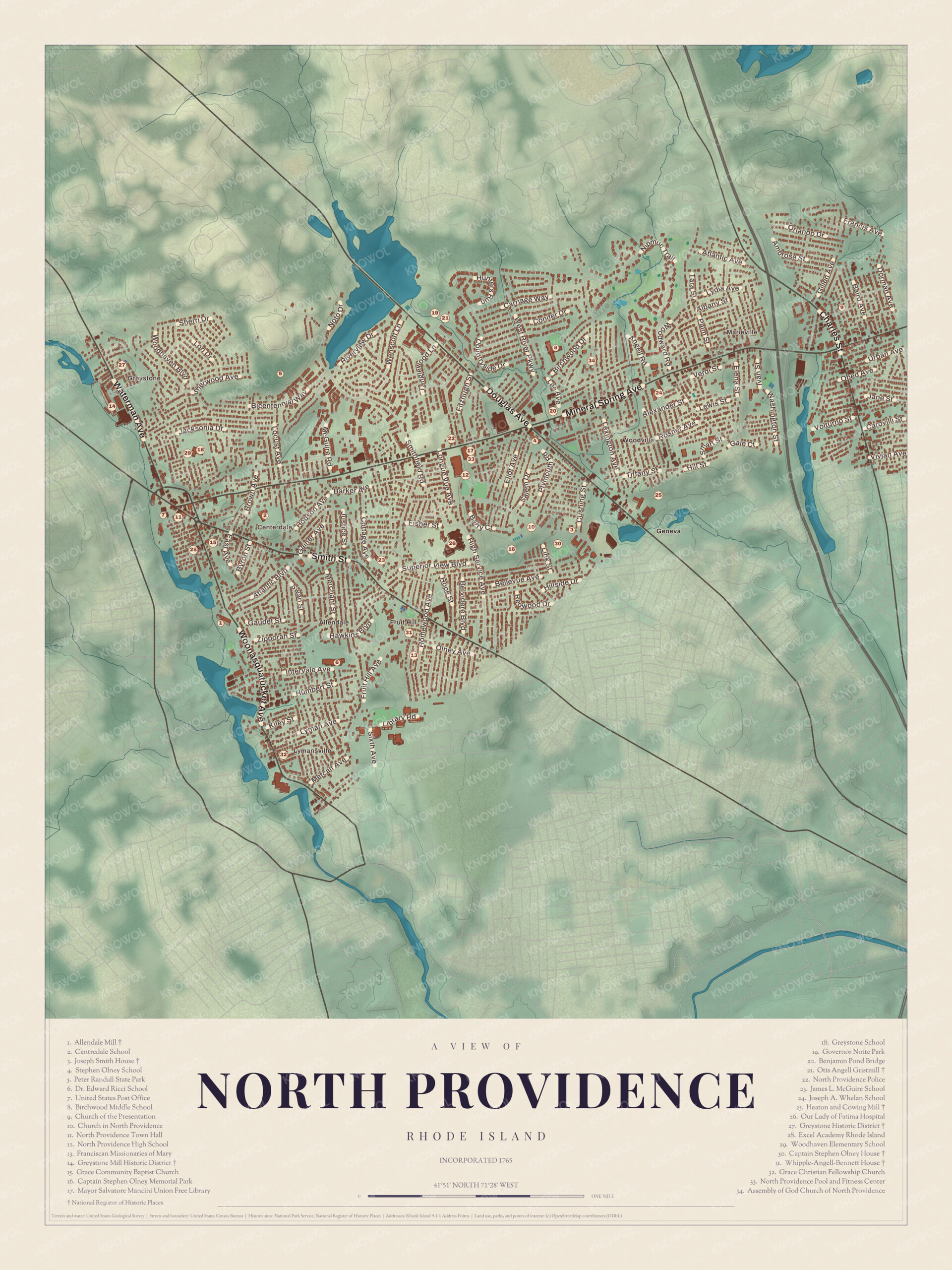 Map of North Providence, Rhode Island, with Centerdale, Greystone and the Woonasquatucket River mills