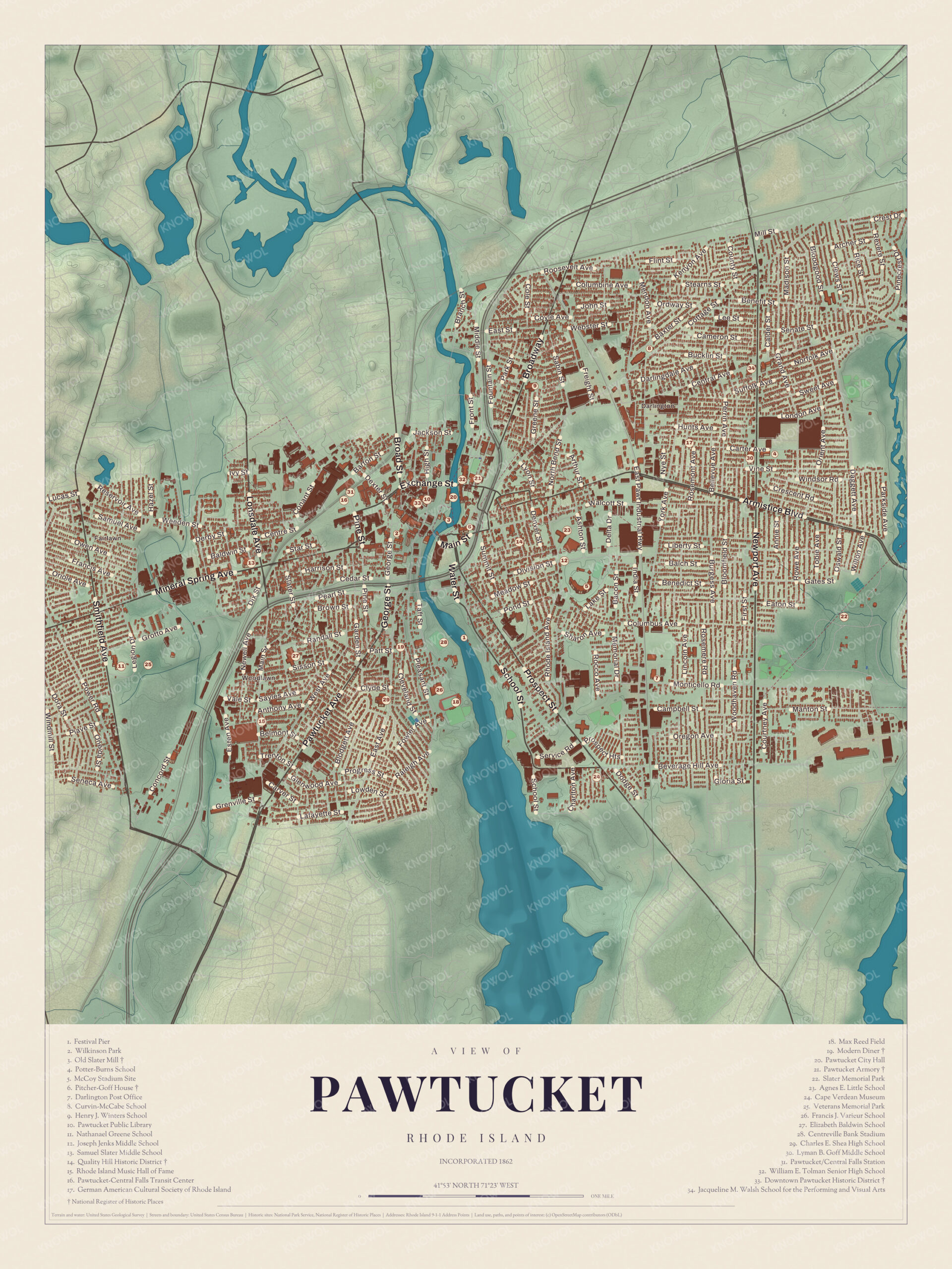 Map of Pawtucket, Rhode Island, with Old Slater Mill, downtown and Quality Hill