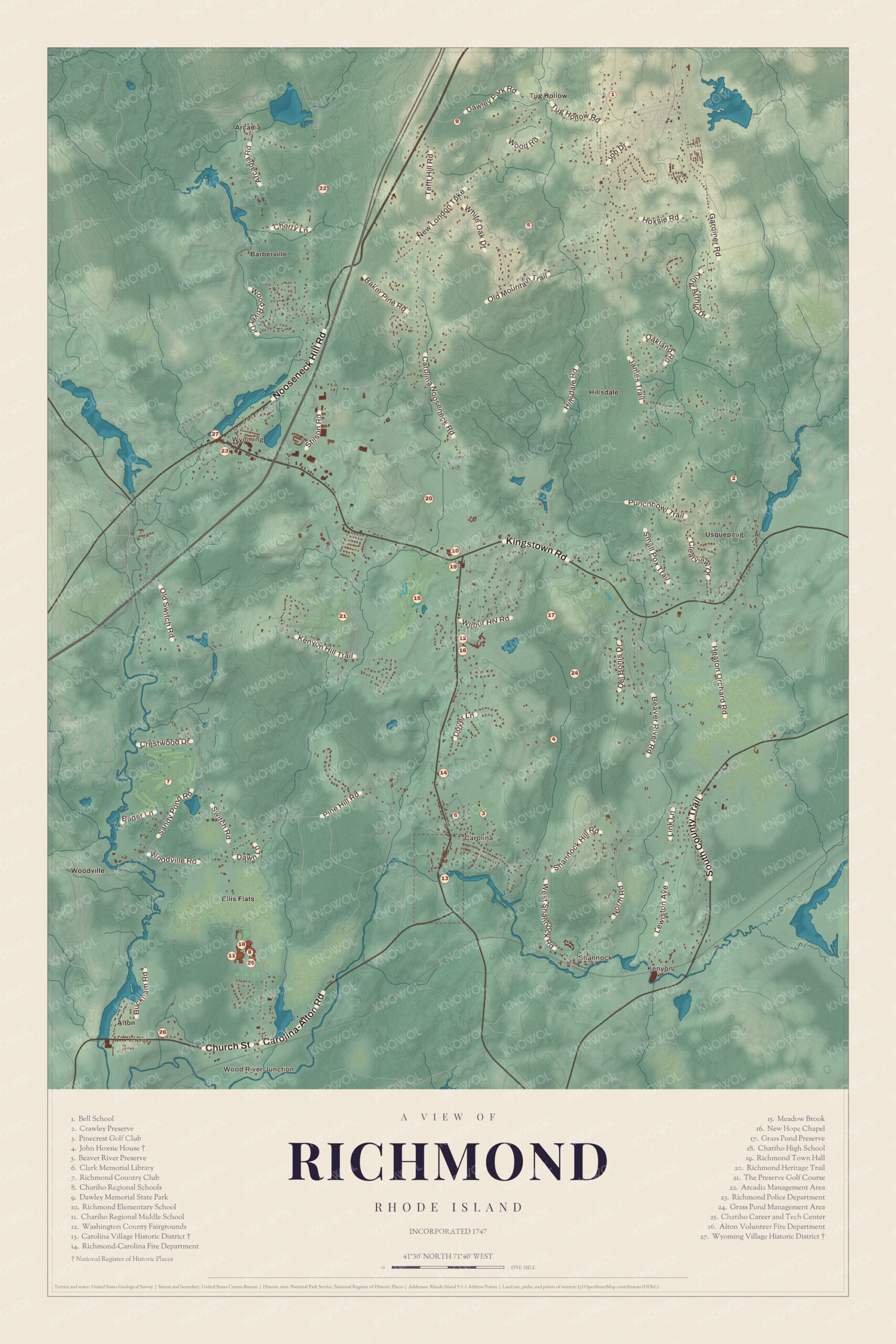 Map of Richmond, Rhode Island, with Carolina, Wyoming, the Beaver River and Switch Road