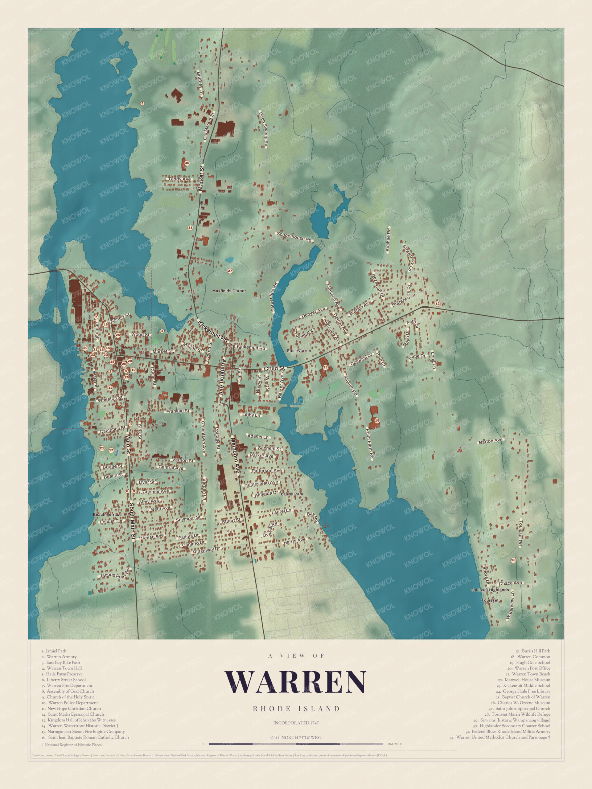 Map of Warren, Rhode Island, on the Warren River