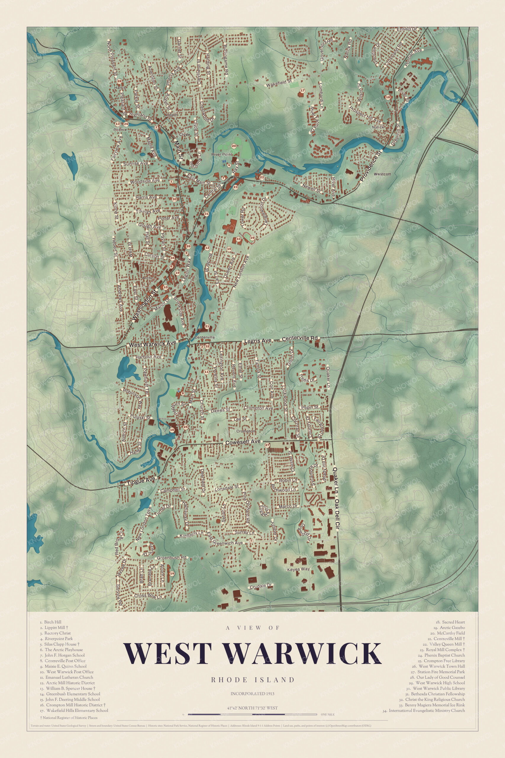 Map of West Warwick, Rhode Island, with Arctic, Phenix and the mills of the Pawtuxet River