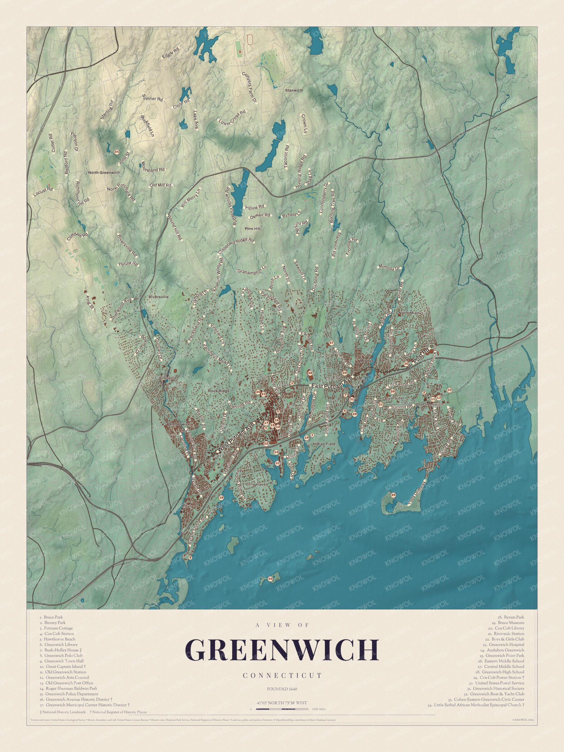 Map of Greenwich, Connecticut, with the town center, Cos Cob, Old Greenwich, the harbor islands and a guide of 34 numbered landmarks