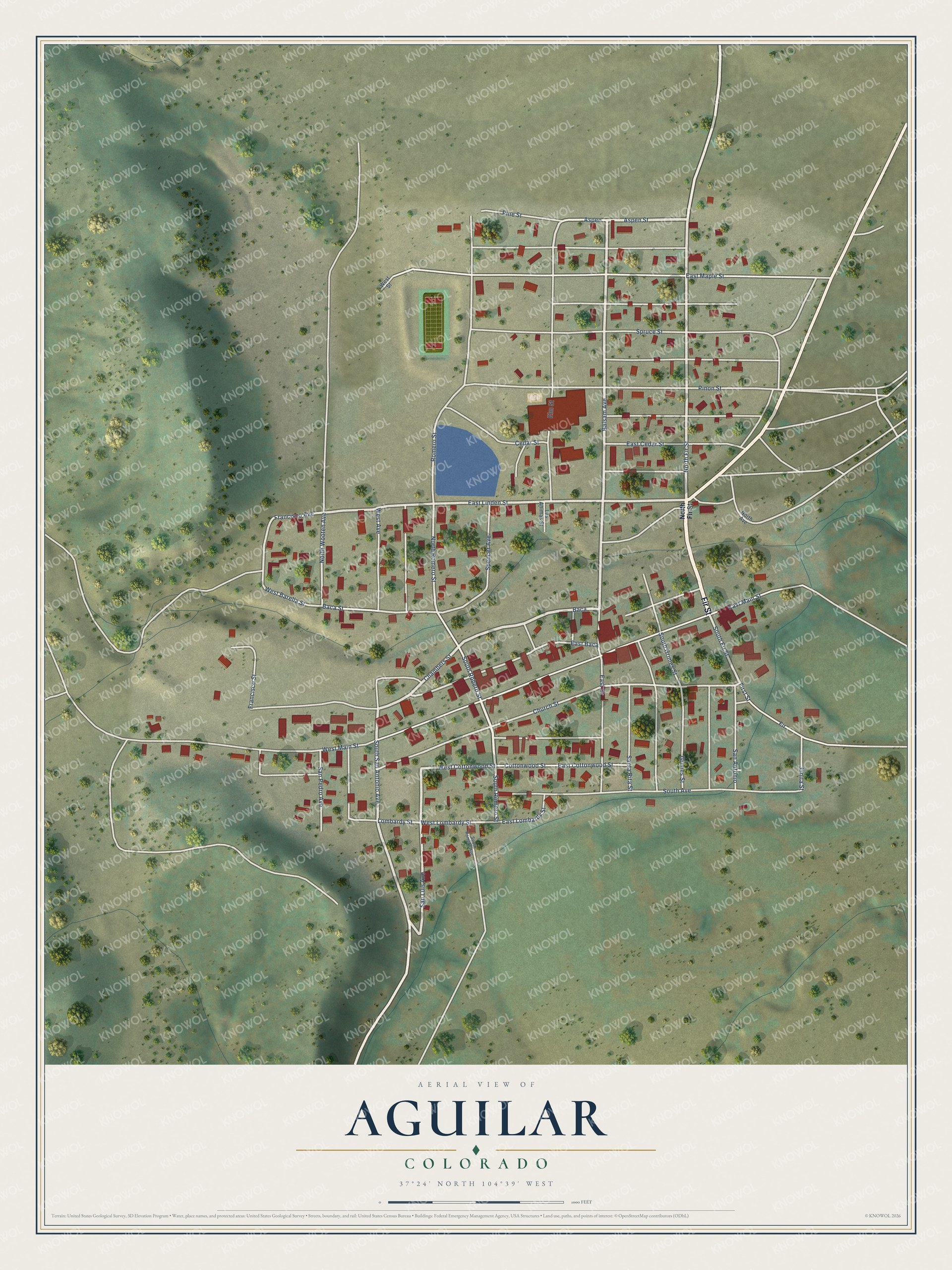 Full map of Aguilar, Colorado, with red buildings, printed street names and the land around them