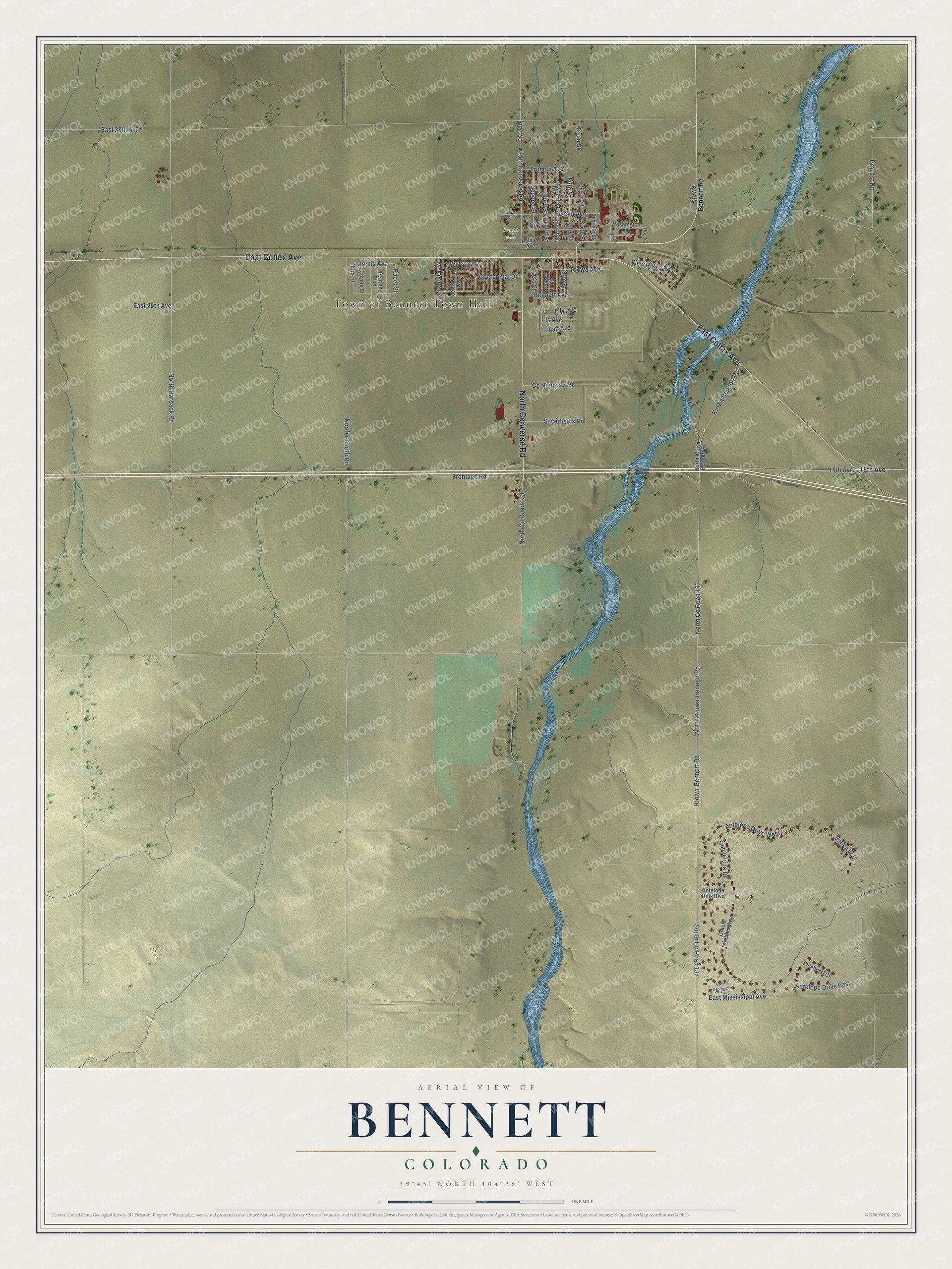 Watermarked full-map preview of Bennett, Colorado