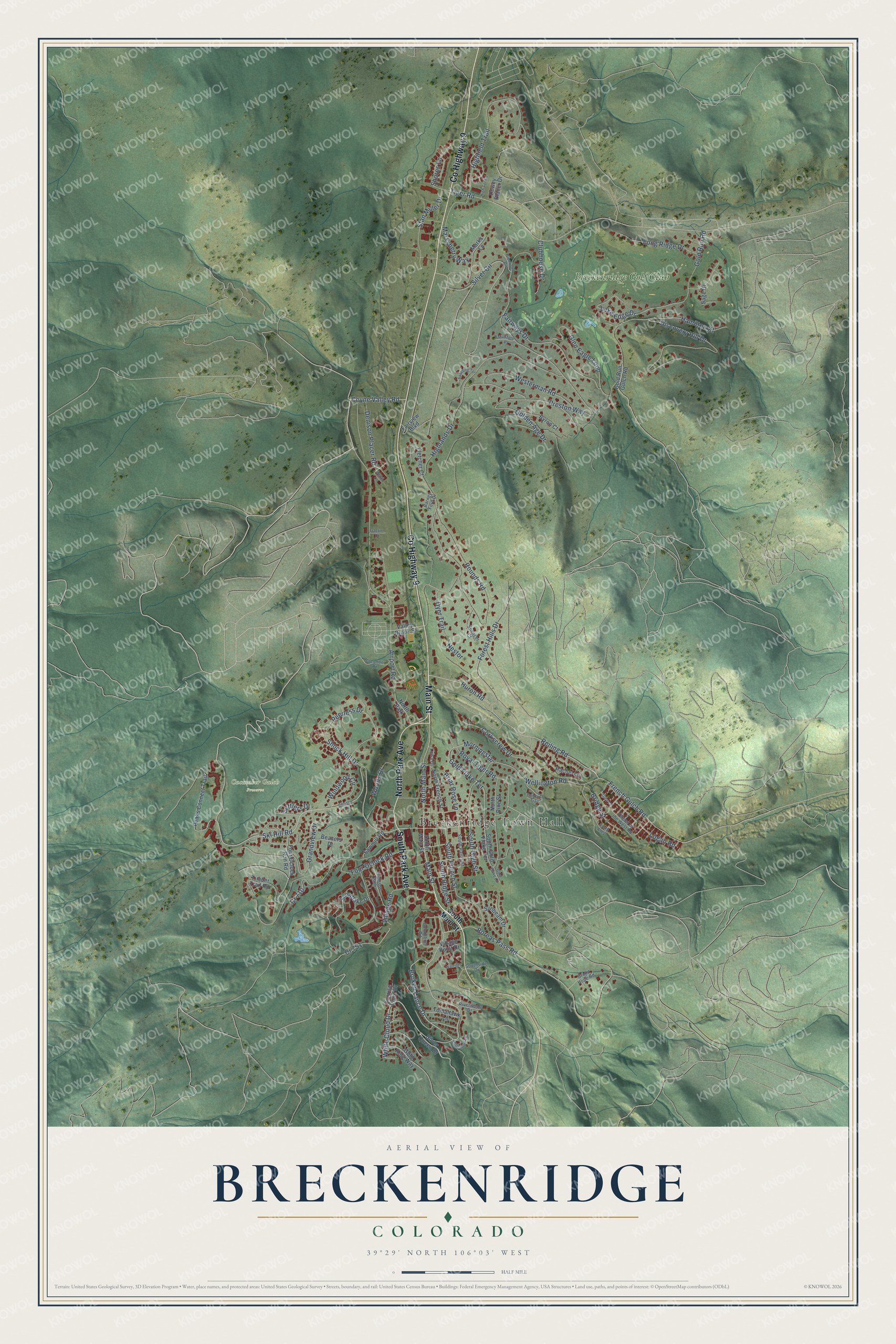 Full map of Breckenridge, Colorado, with red buildings, printed street names and the land around them