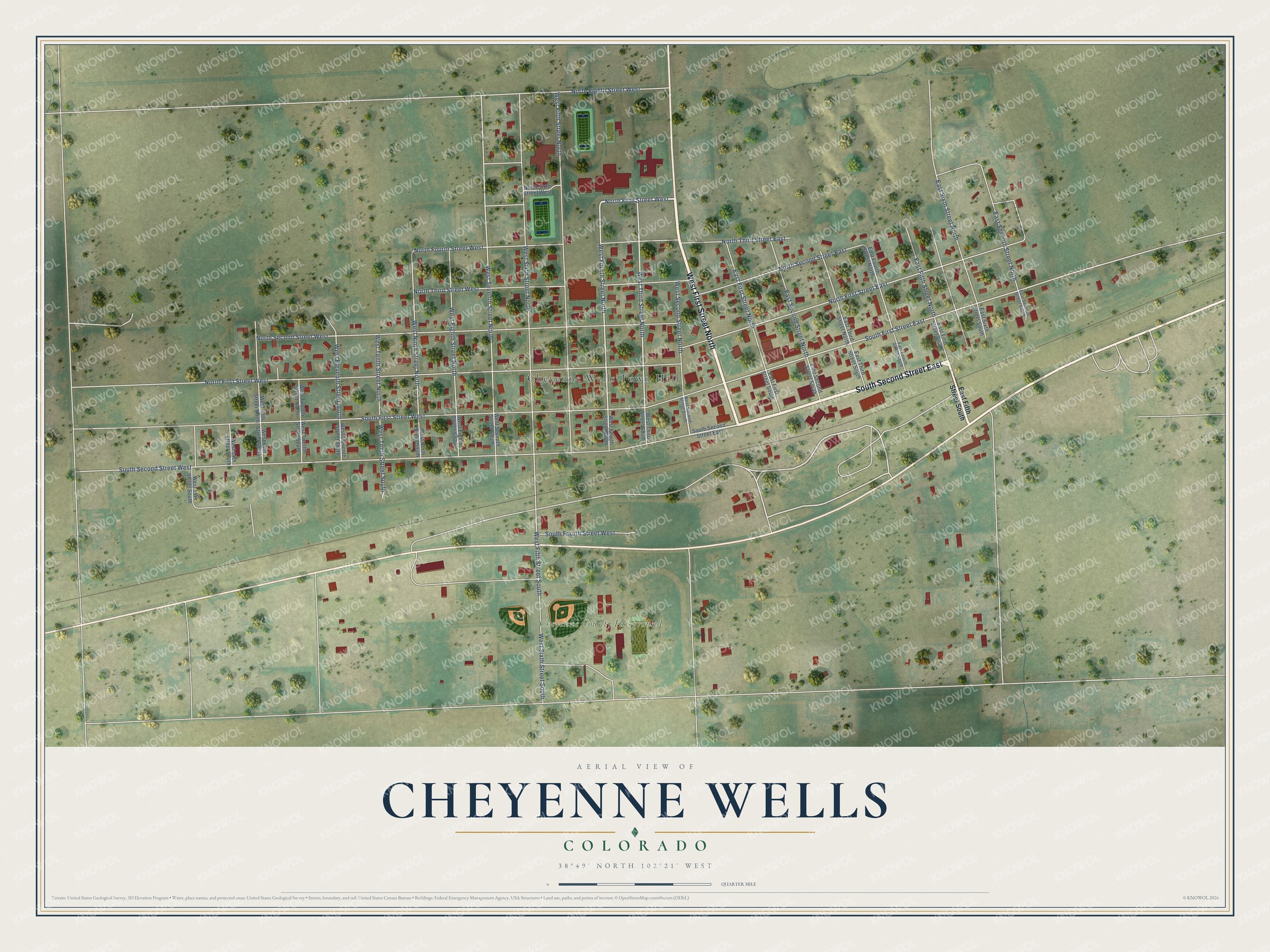 Full map of Cheyenne Wells, Colorado, with red buildings, printed street names and the land around them