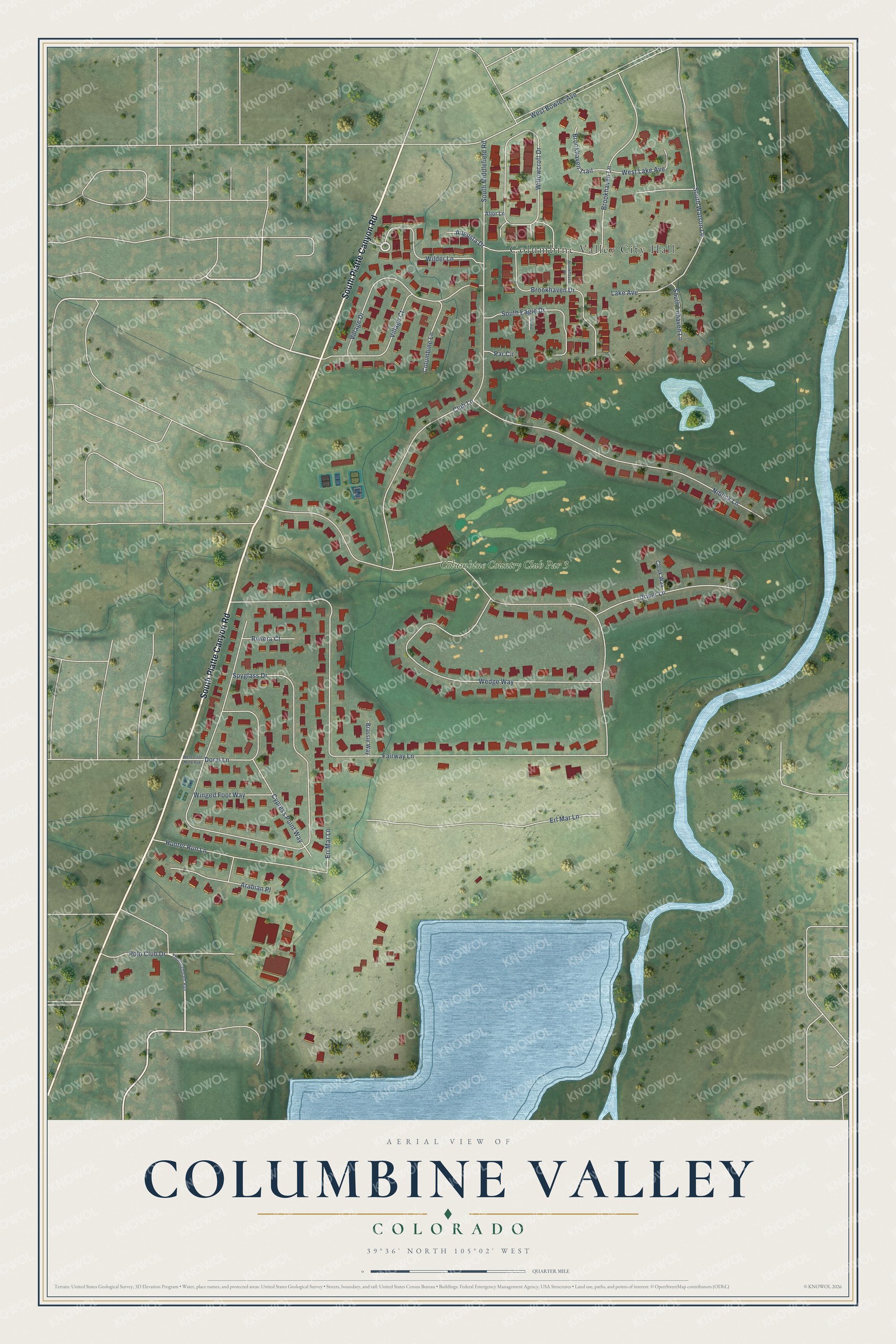 Full map of Columbine Valley, Colorado, with red buildings, printed street names and the land around them