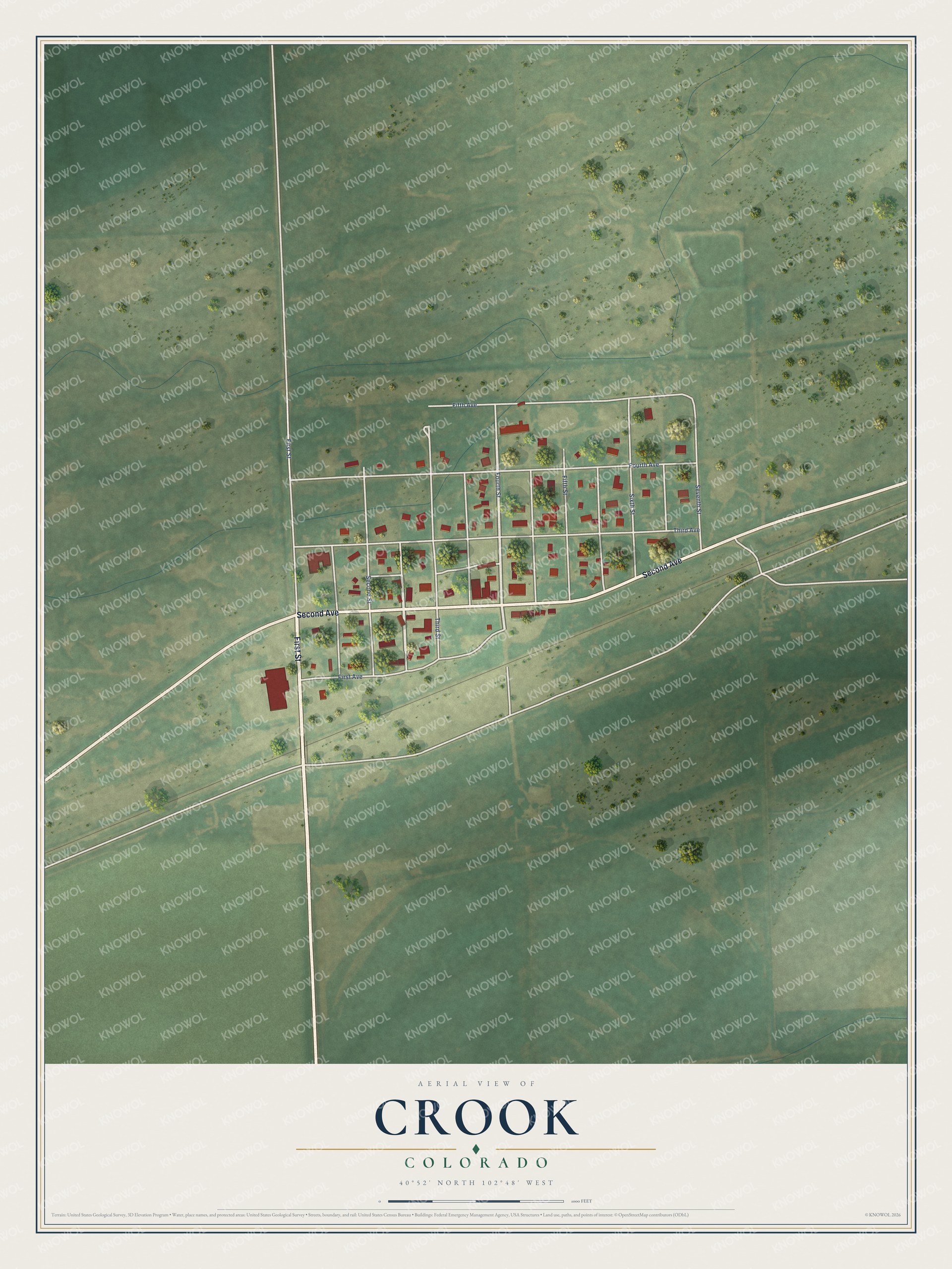 Full map of Crook, Colorado, with red buildings, printed street names and the land around them