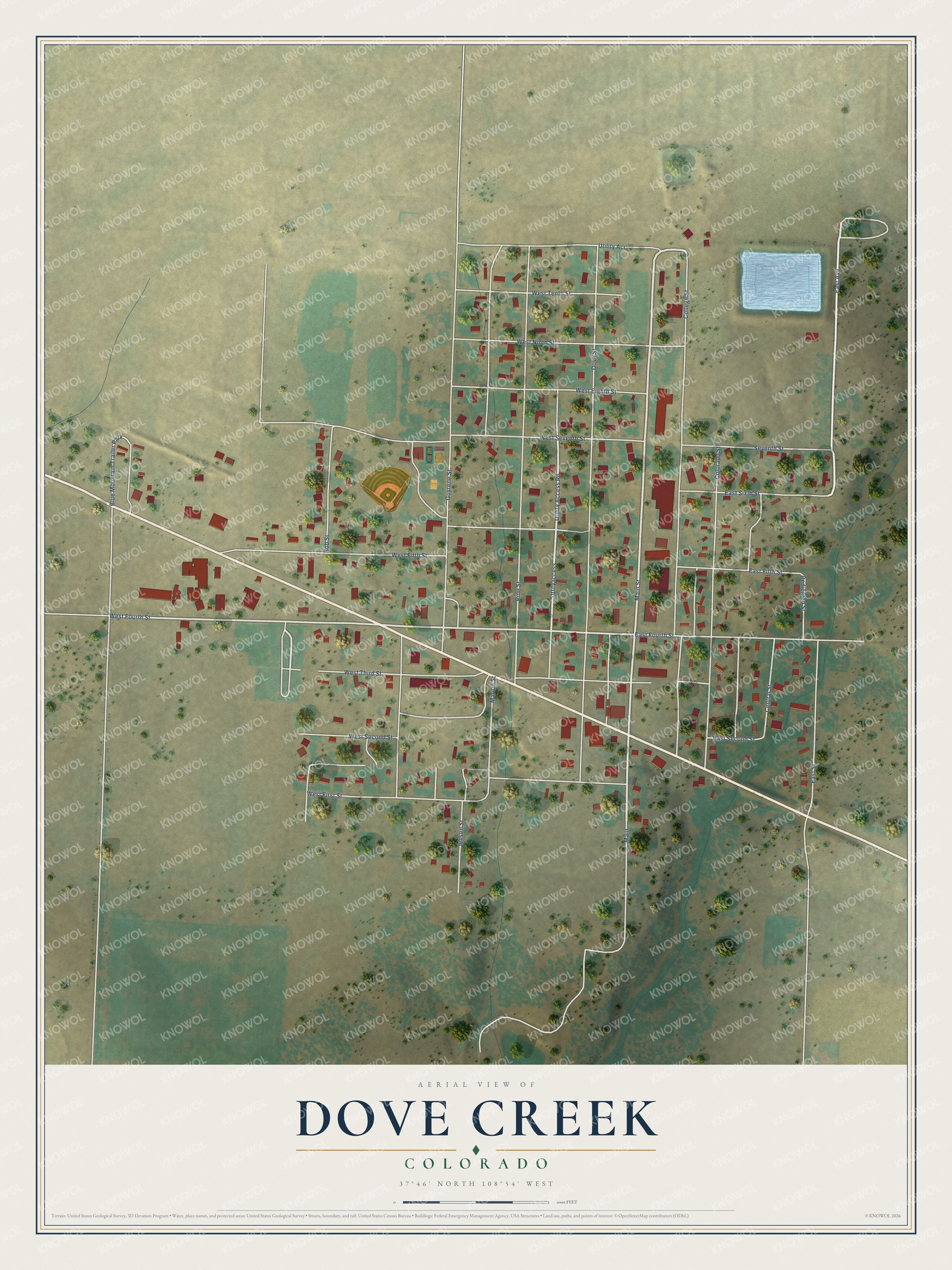 Full map of Dove Creek, Colorado, with red buildings, printed street names and the land around them