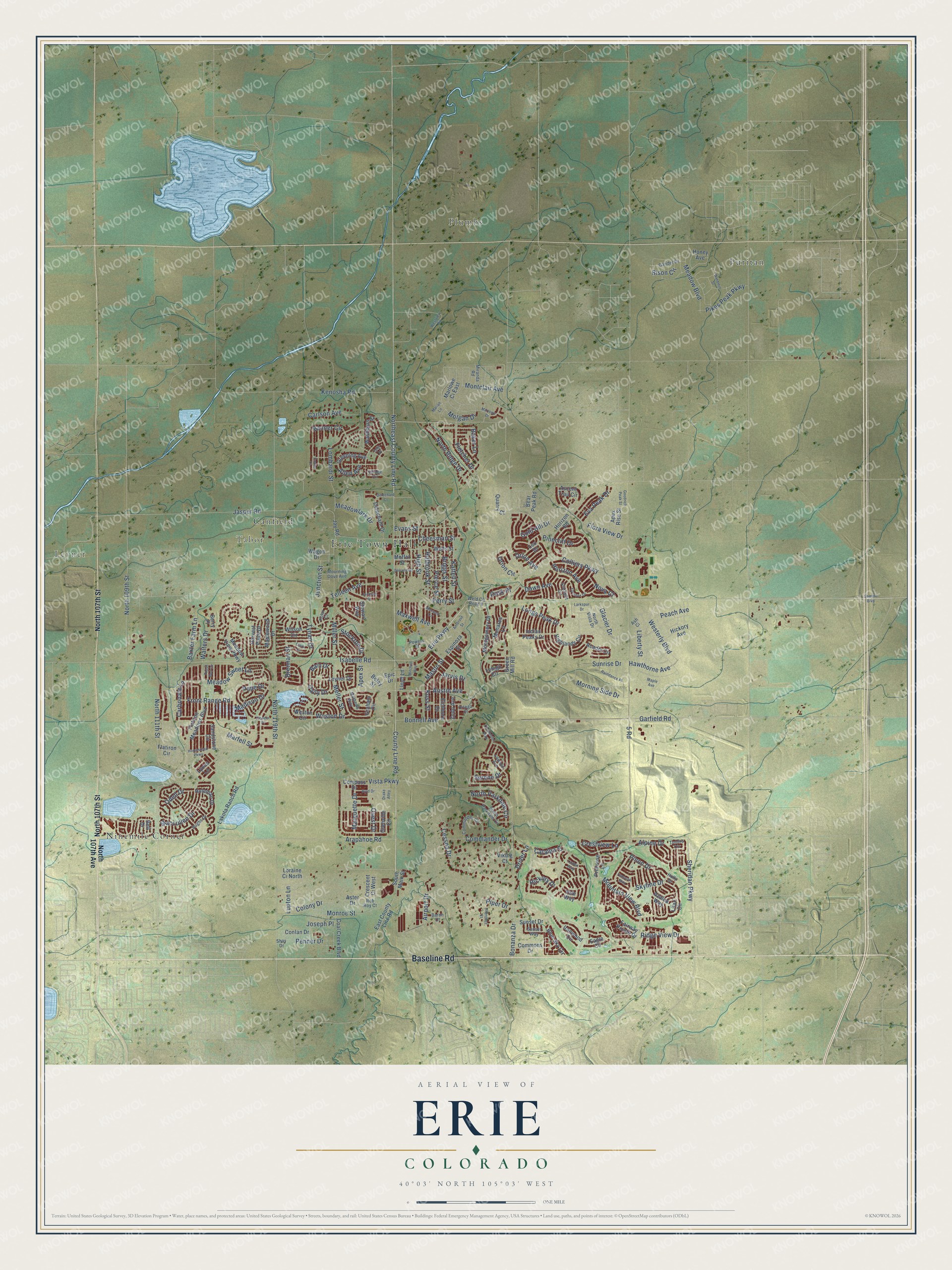 Full map of Erie, Colorado, with red buildings, printed street names and the land around them
