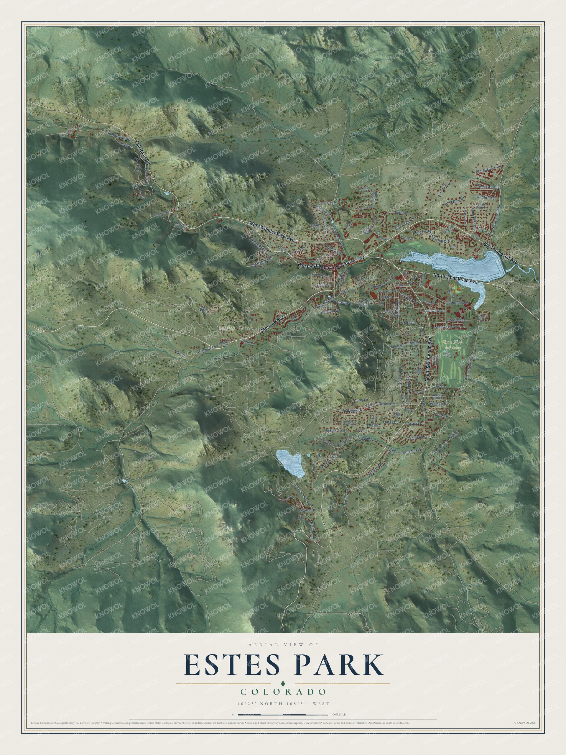 Full map of Estes Park, Colorado, with red buildings, printed street names and the land around them