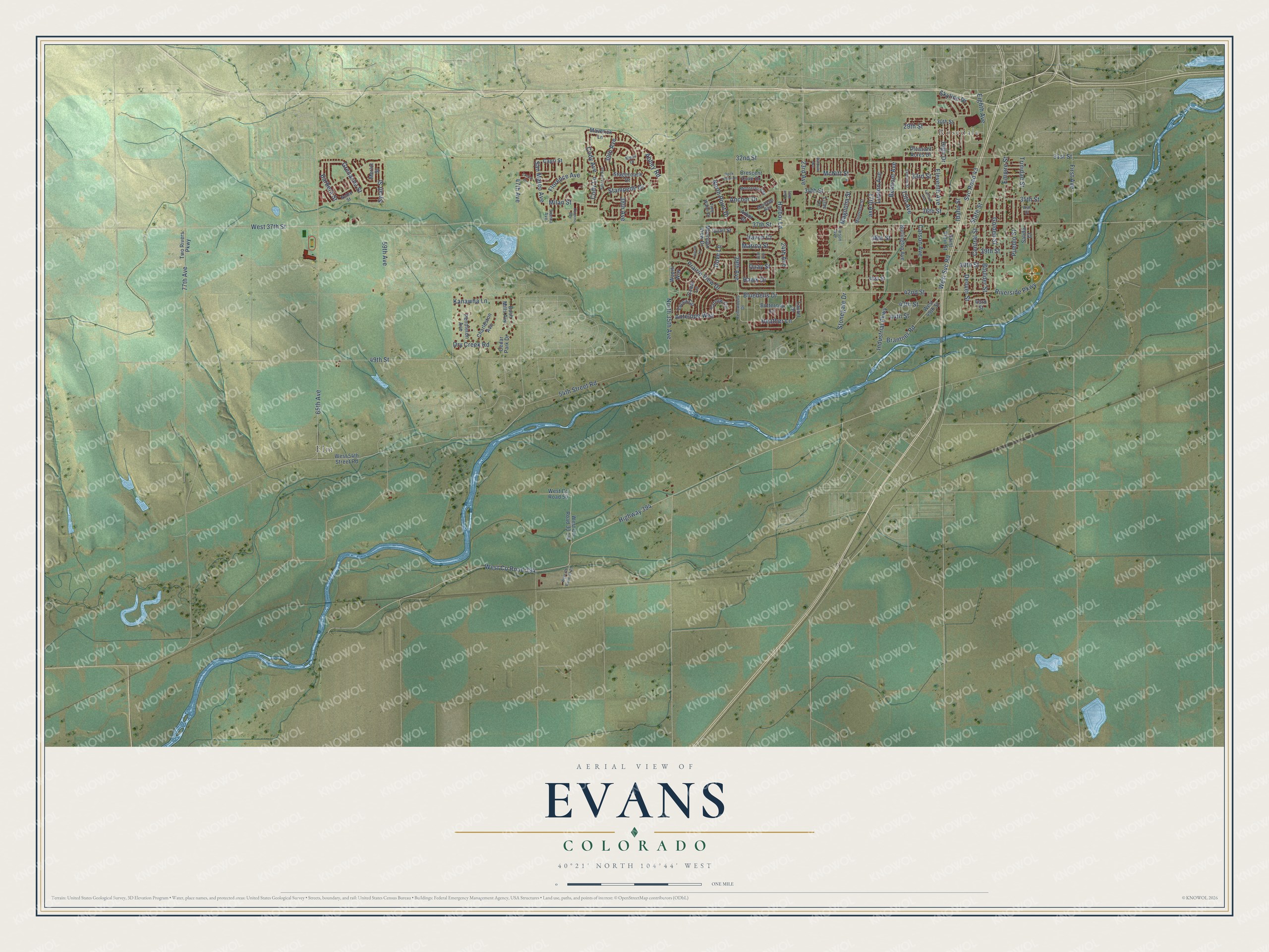 Watermarked full-map preview of Evans, Colorado