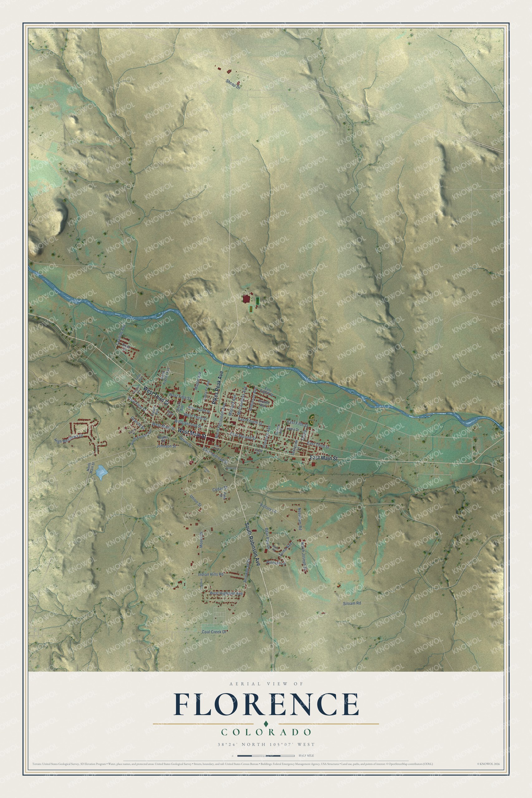 Full map of Florence, Colorado, with red buildings, printed street names and the land around them