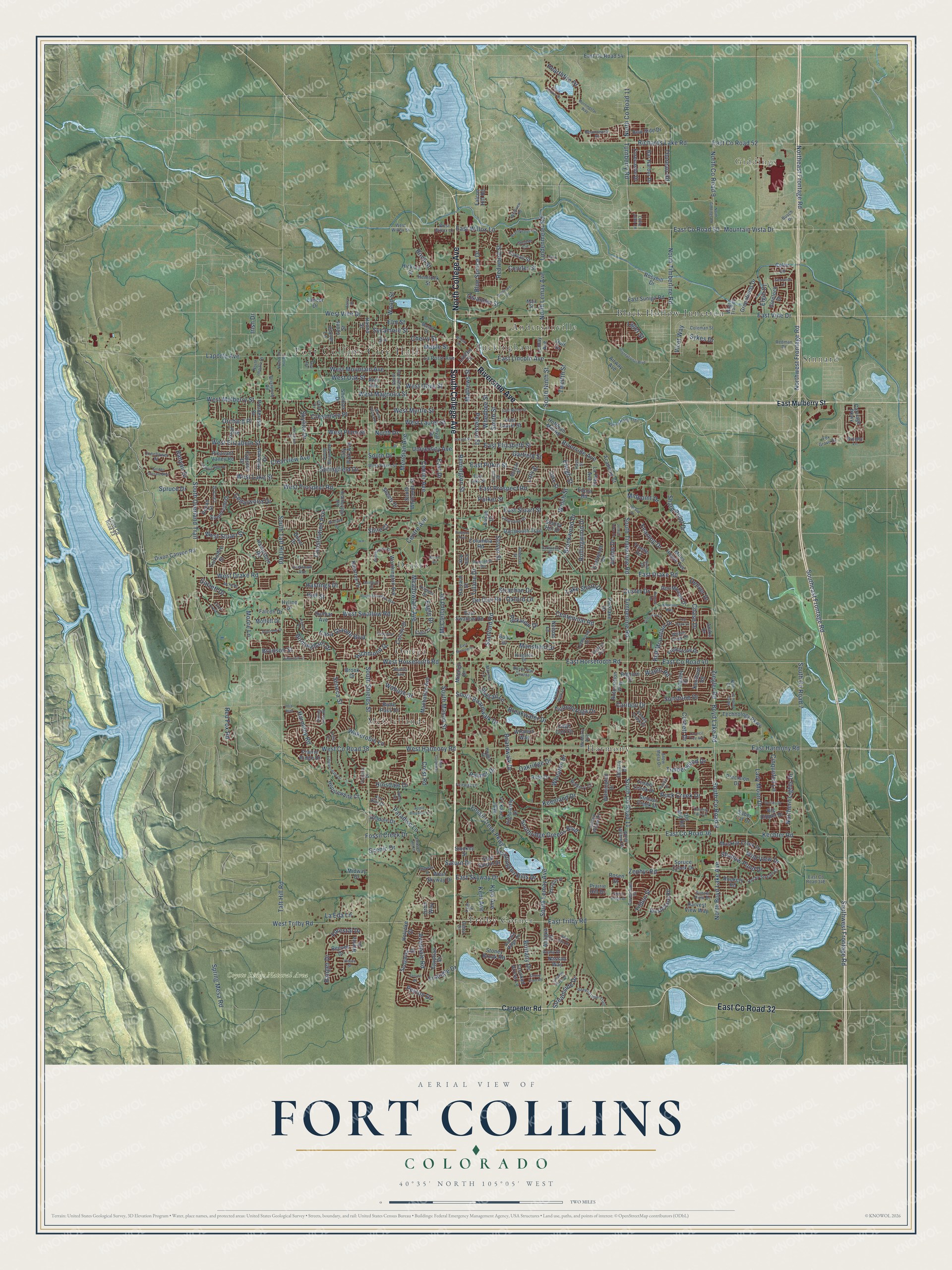Full map of Fort Collins, Colorado, with red buildings, printed street names and the land around them