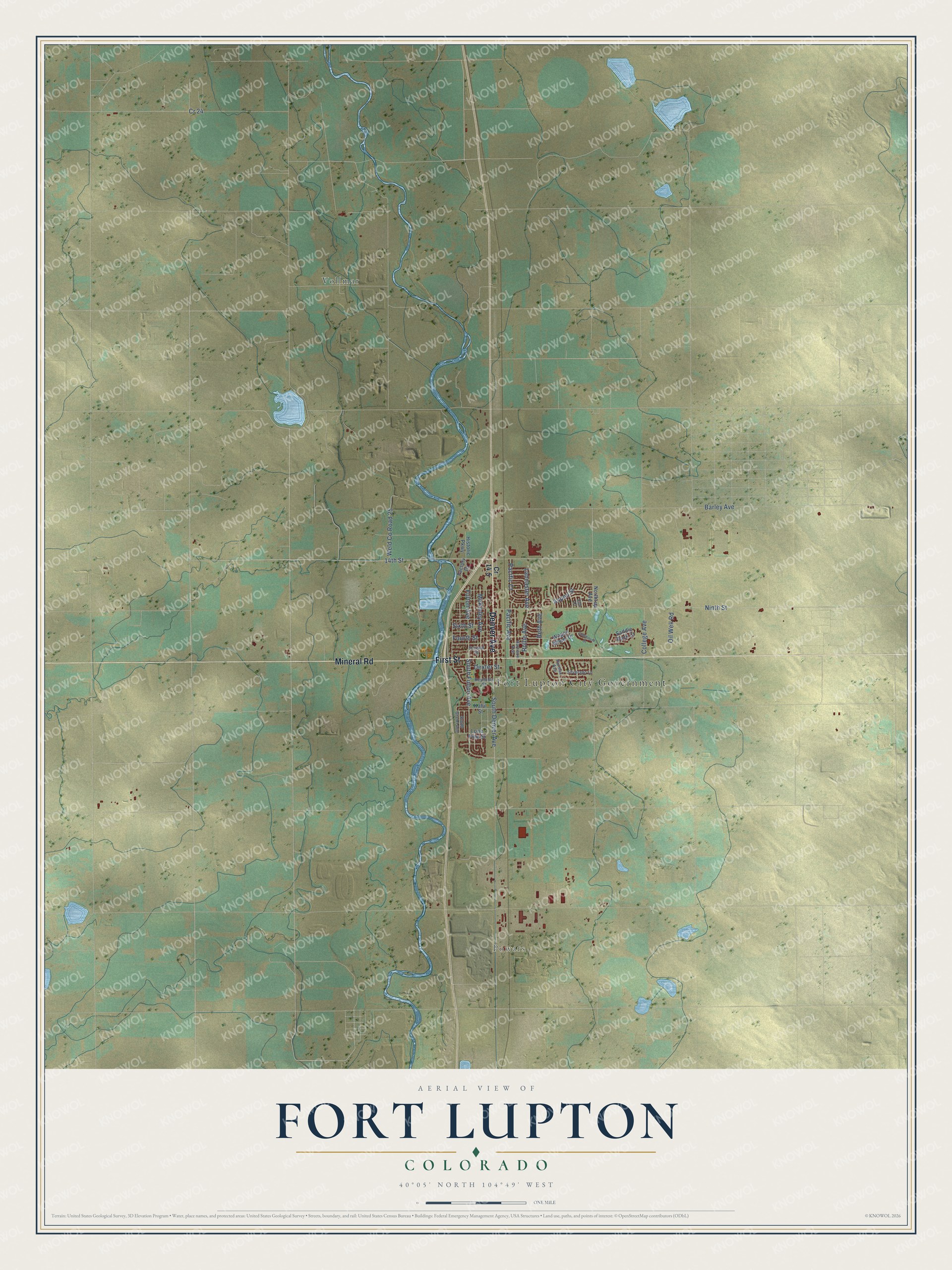 Full map of Fort Lupton, Colorado, with red buildings, printed street names and the land around them