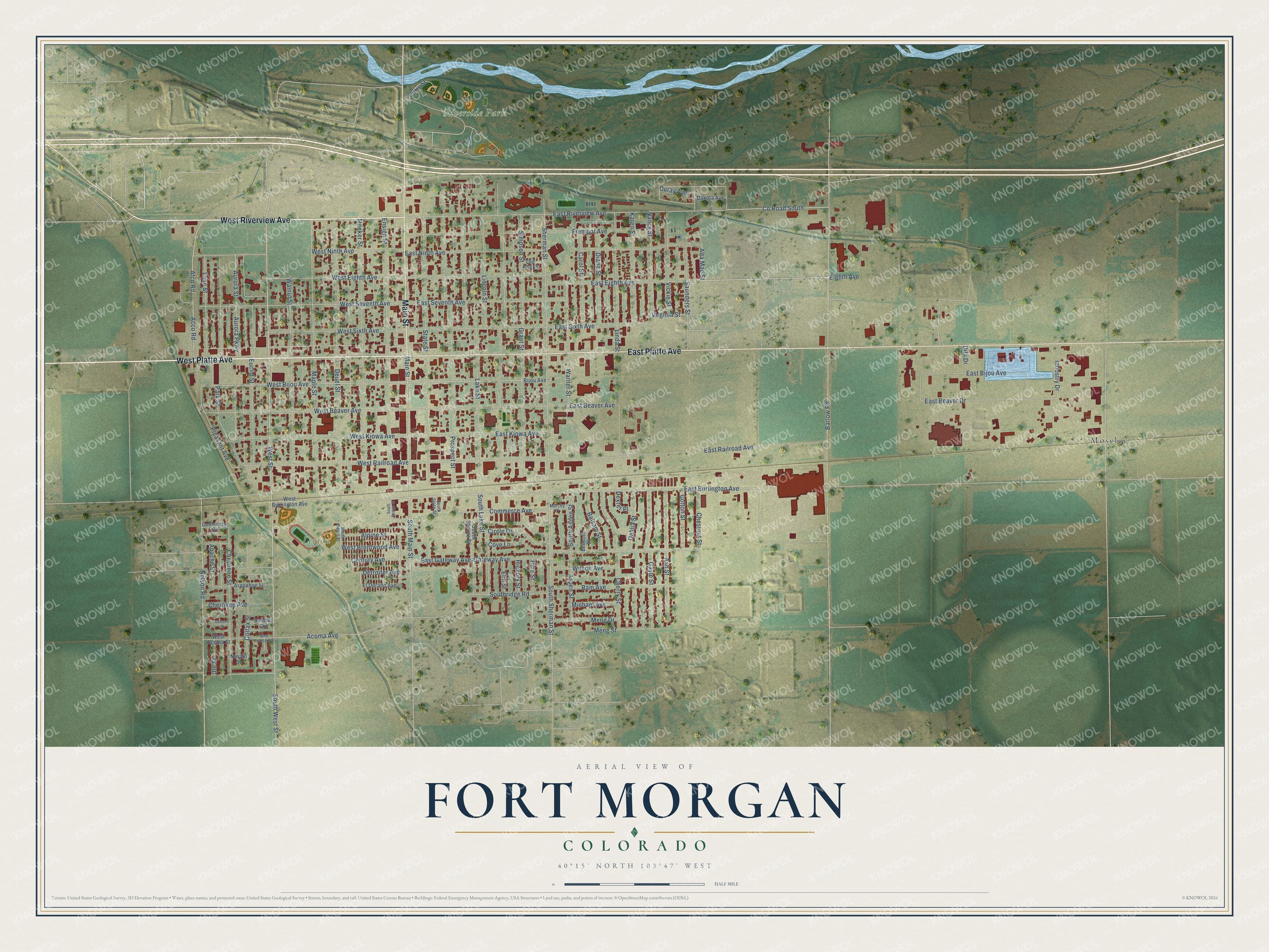 Full map of Fort Morgan, Colorado, with red buildings, printed street names and the land around them