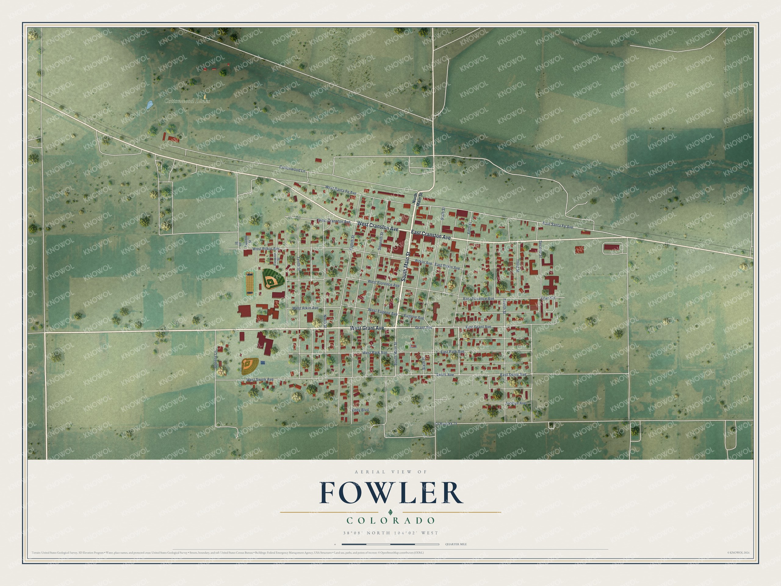 Full map of Fowler, Colorado, with red buildings, printed street names and the land around them