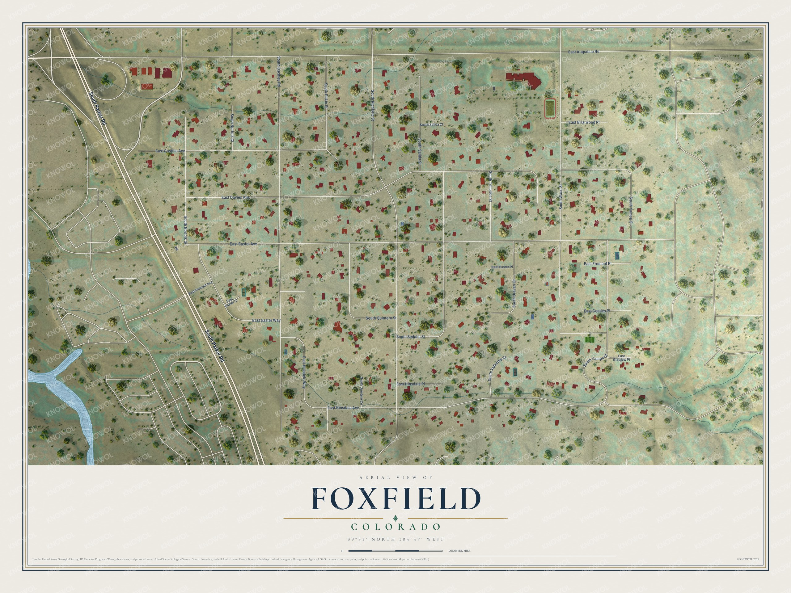 Full map of Foxfield, Colorado, with red buildings, printed street names and the land around them