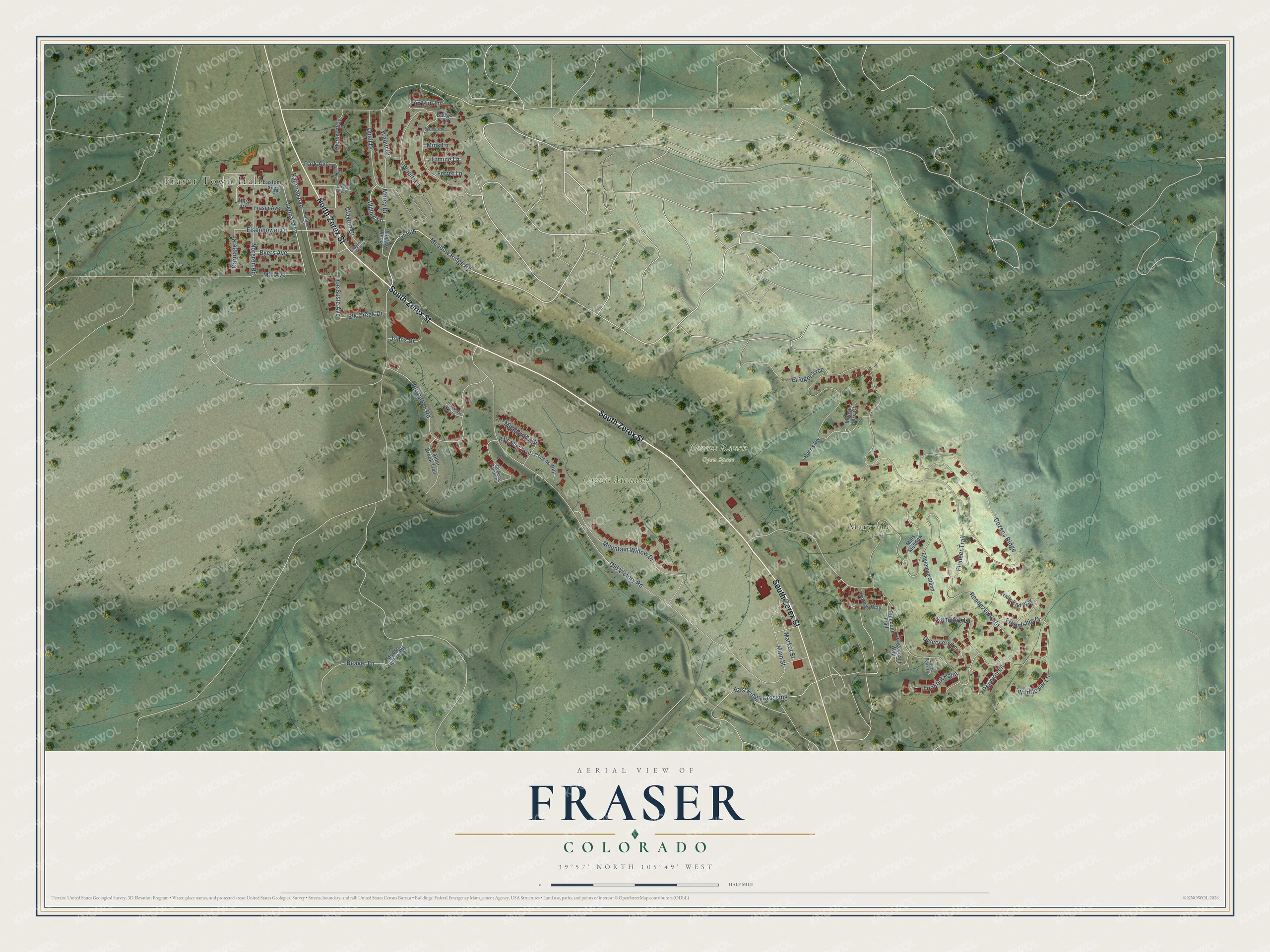 Full map of Fraser, Colorado, with red buildings, printed street names and the land around them