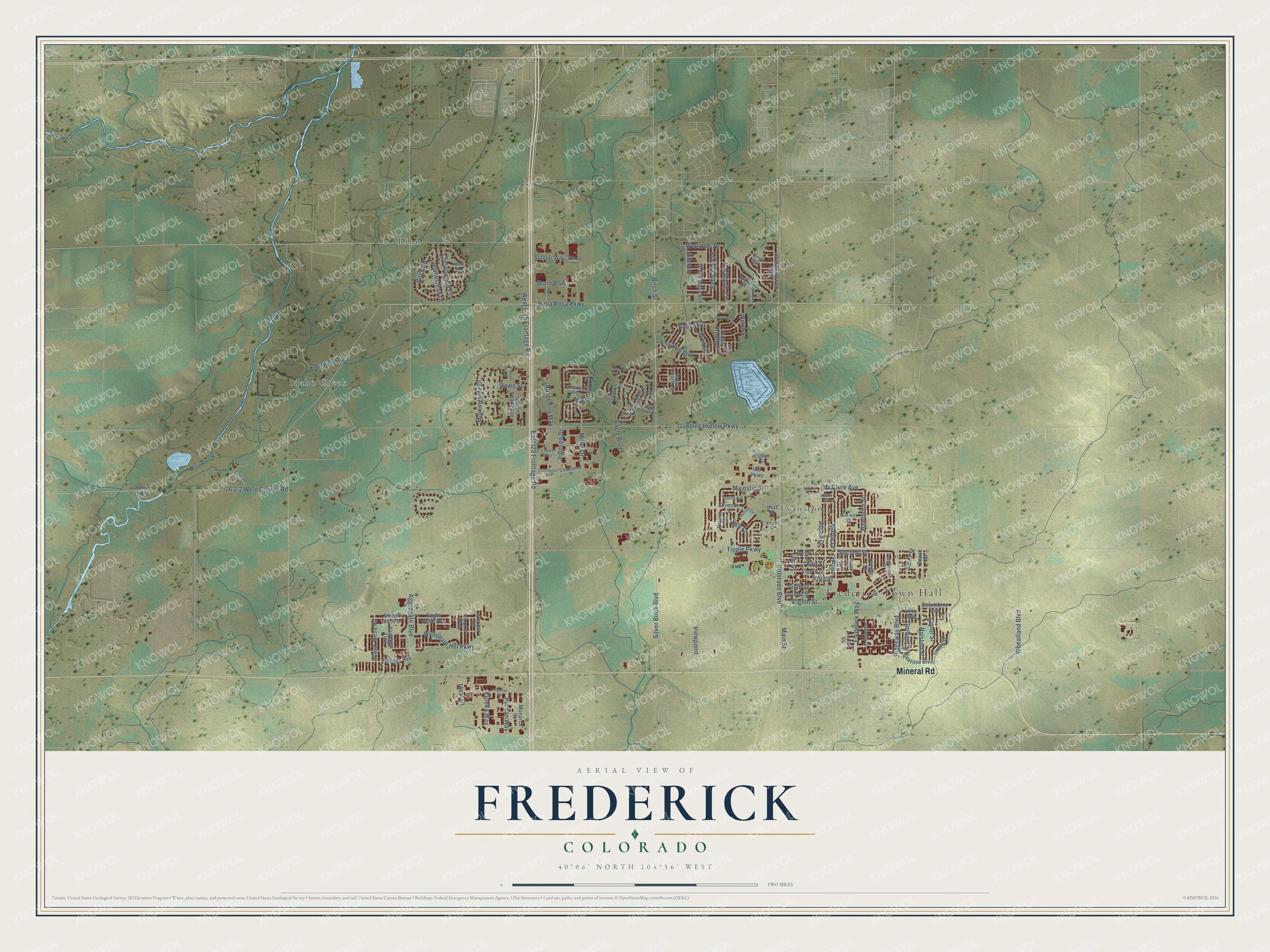 Full map of Frederick, Colorado, with red buildings, printed street names and the land around them