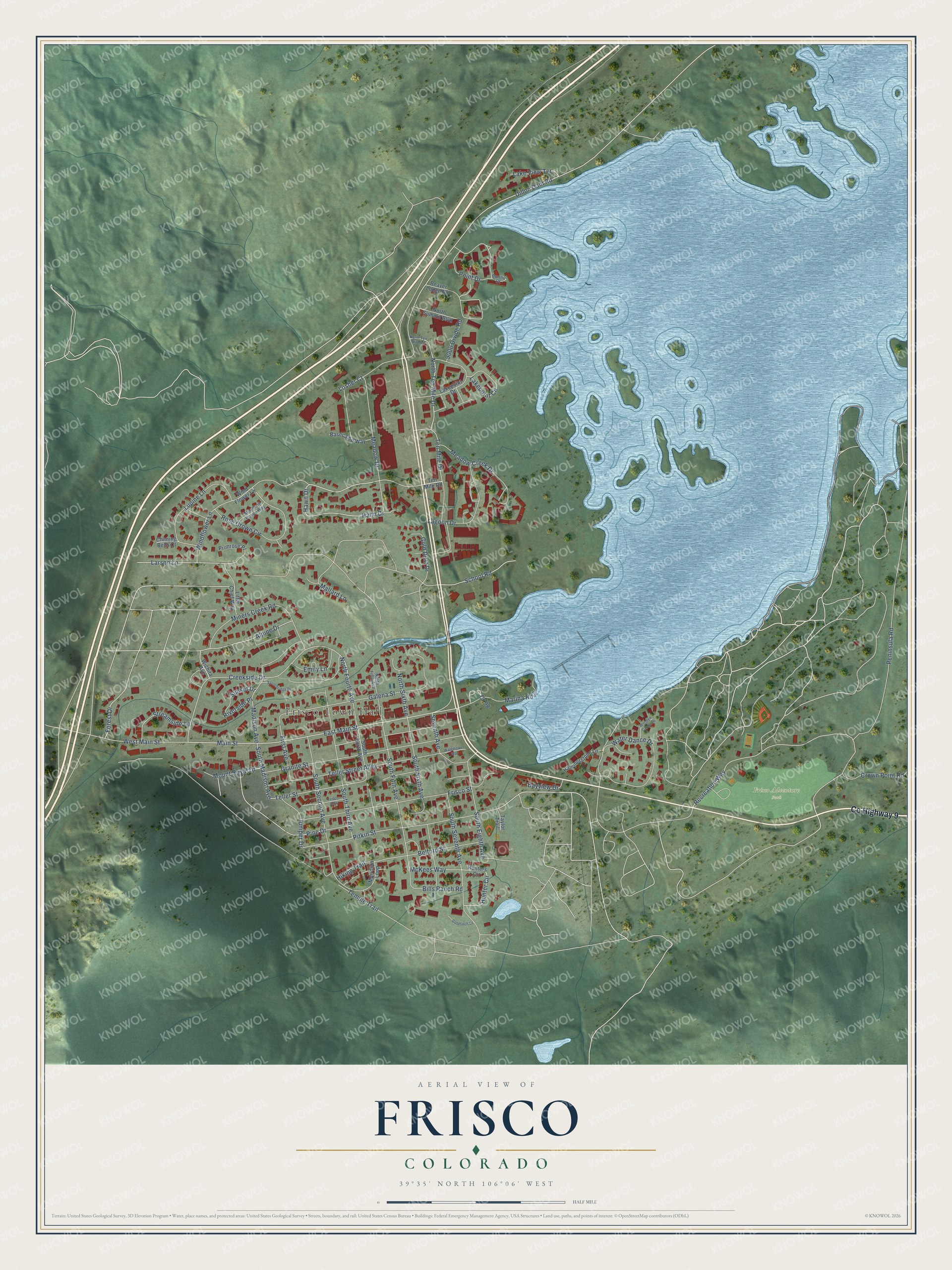 Full map of Frisco, Colorado, with red buildings, printed street names and the land around them