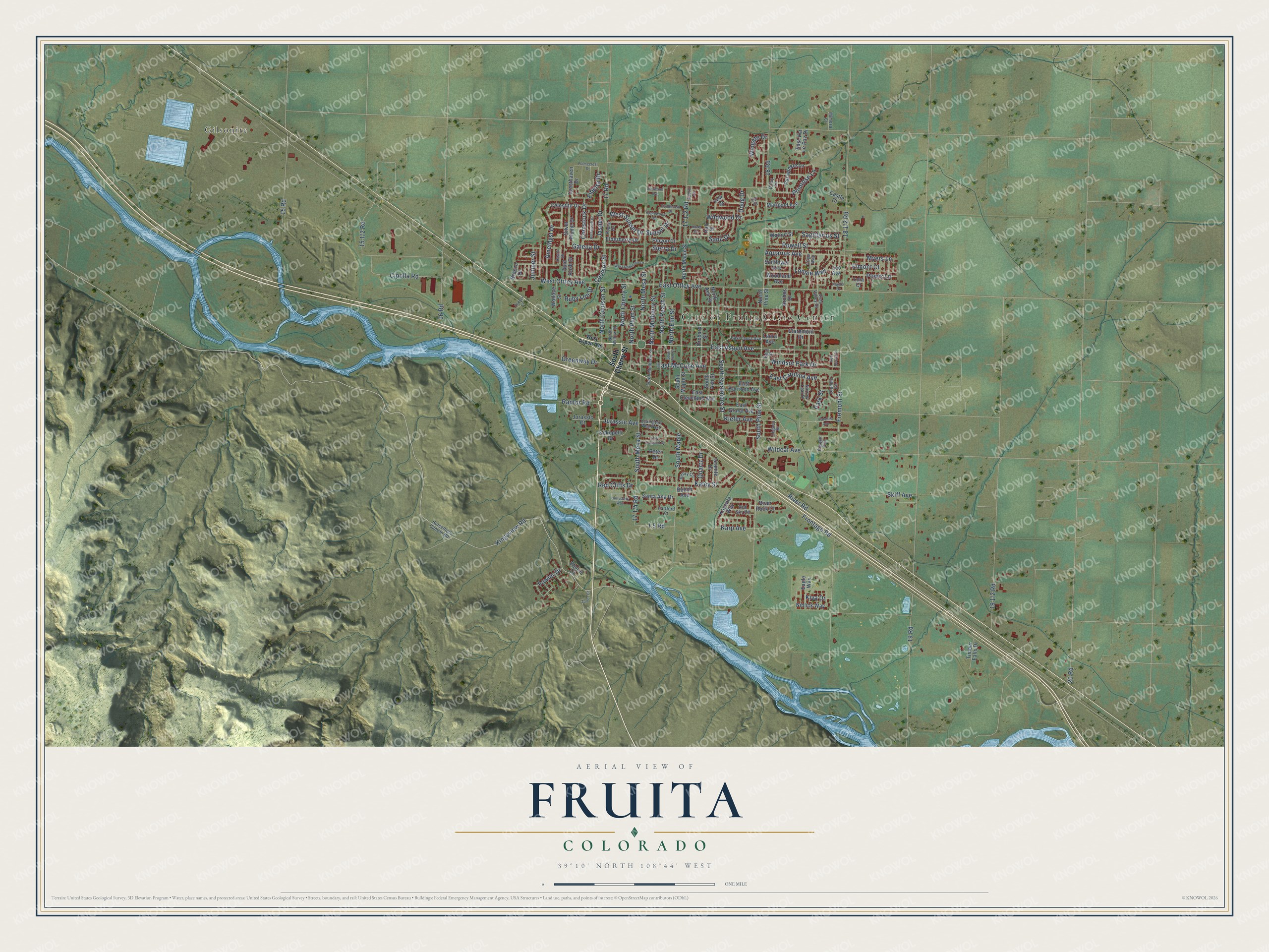 Full map of Fruita, Colorado, with red buildings, printed street names and the land around them