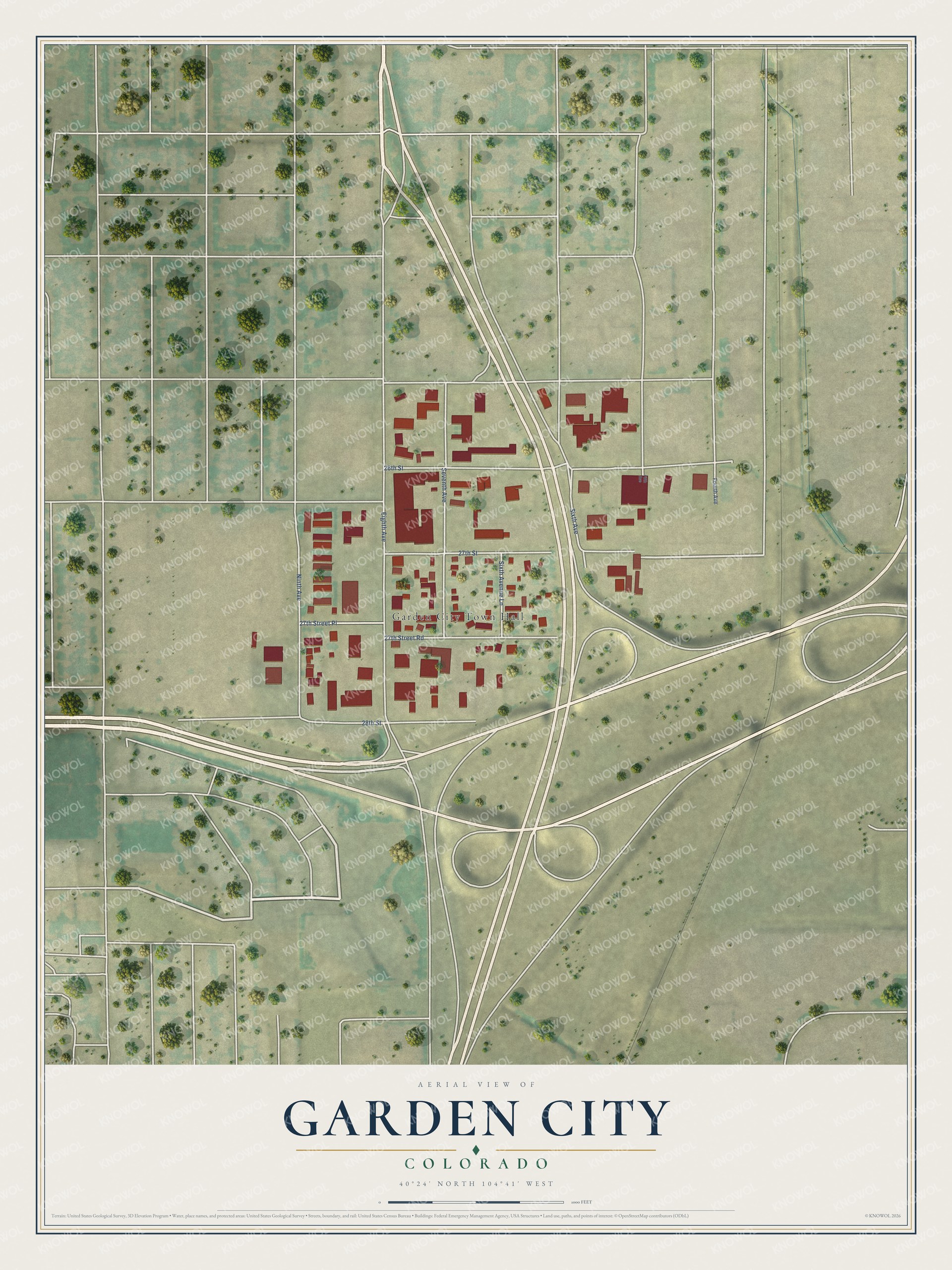 Full map of Garden City, Colorado, with red buildings, printed street names and the land around them