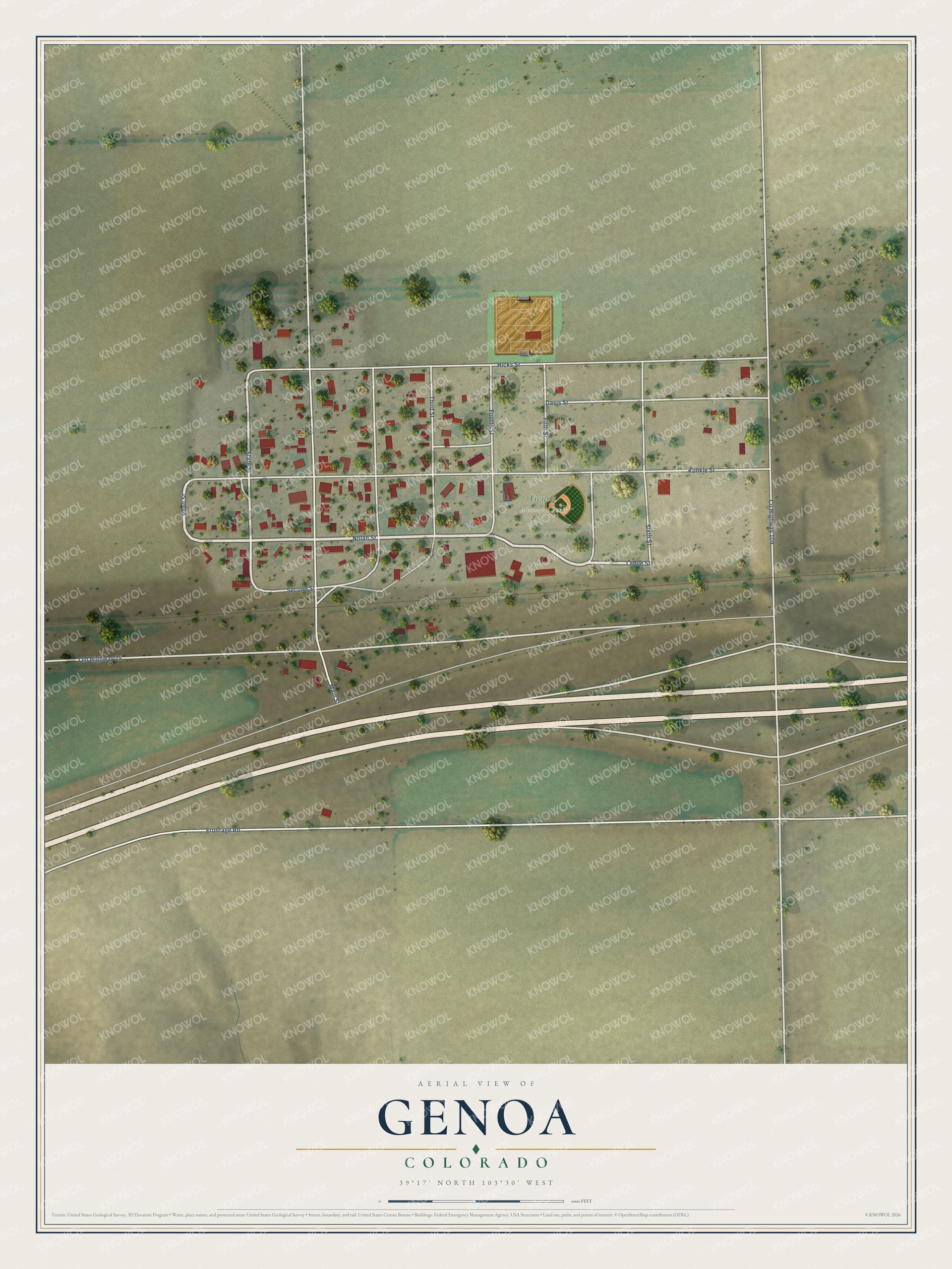 Full map of Genoa, Colorado, with red buildings, printed street names and the land around them
