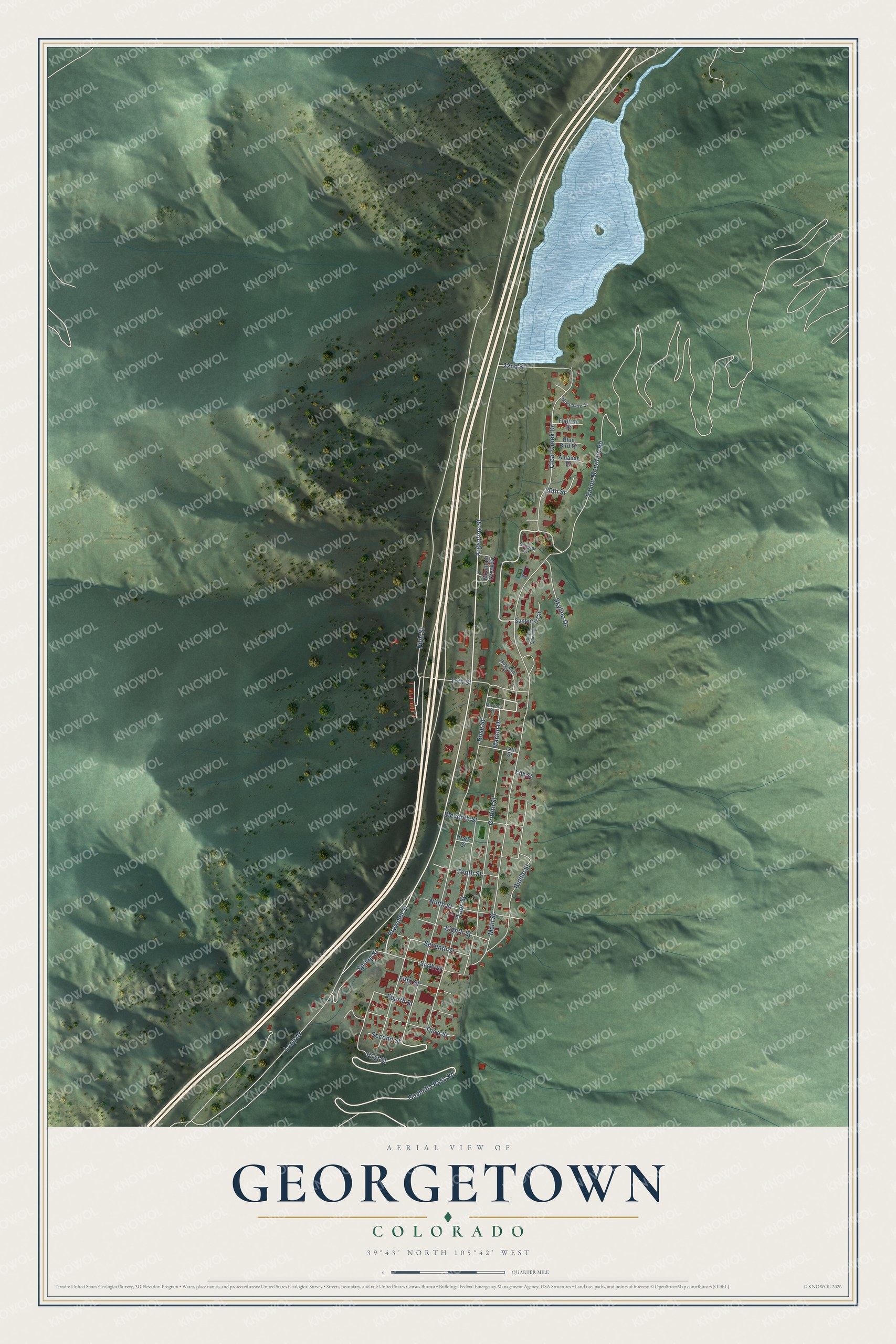 Full map of Georgetown, Colorado, with red buildings, printed street names and the land around them