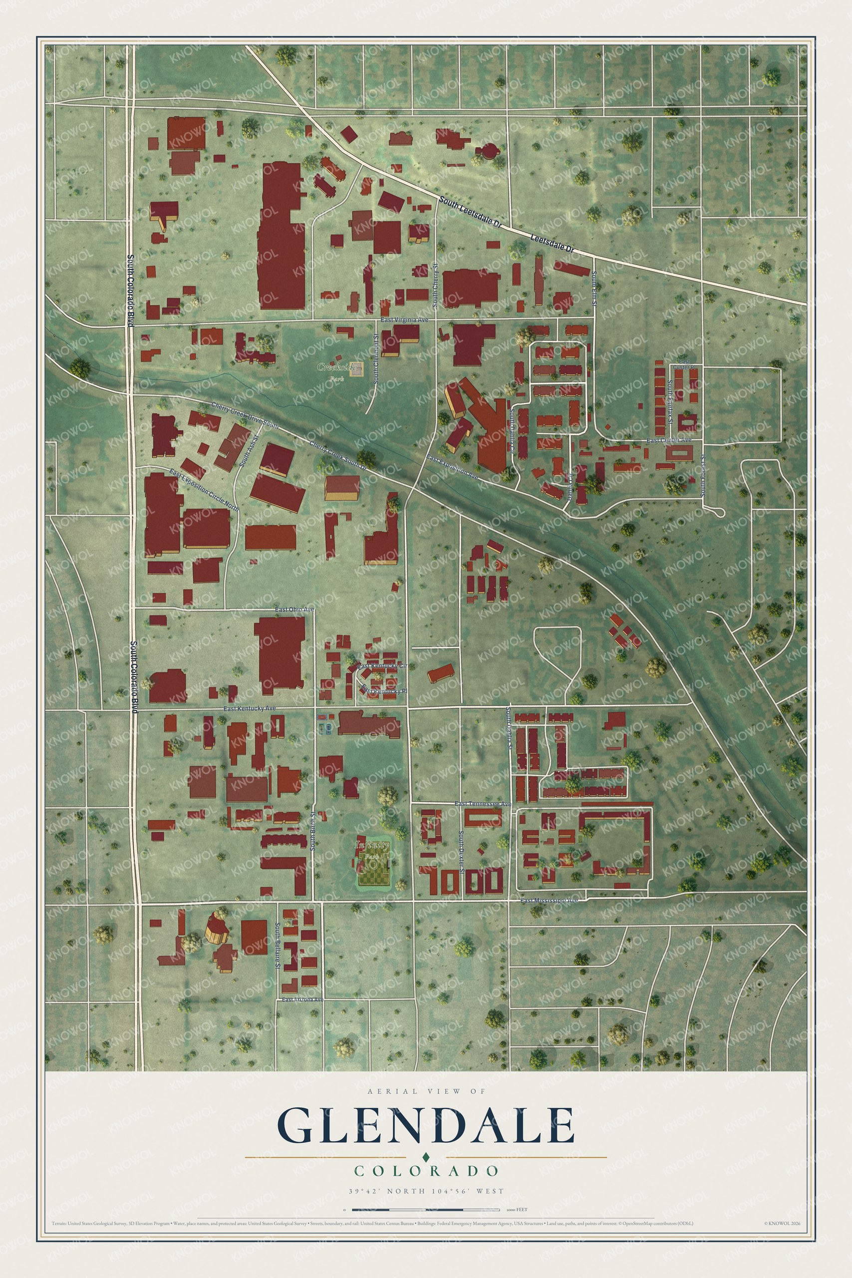 Full map of Glendale, Colorado, with red buildings, printed street names and the land around them